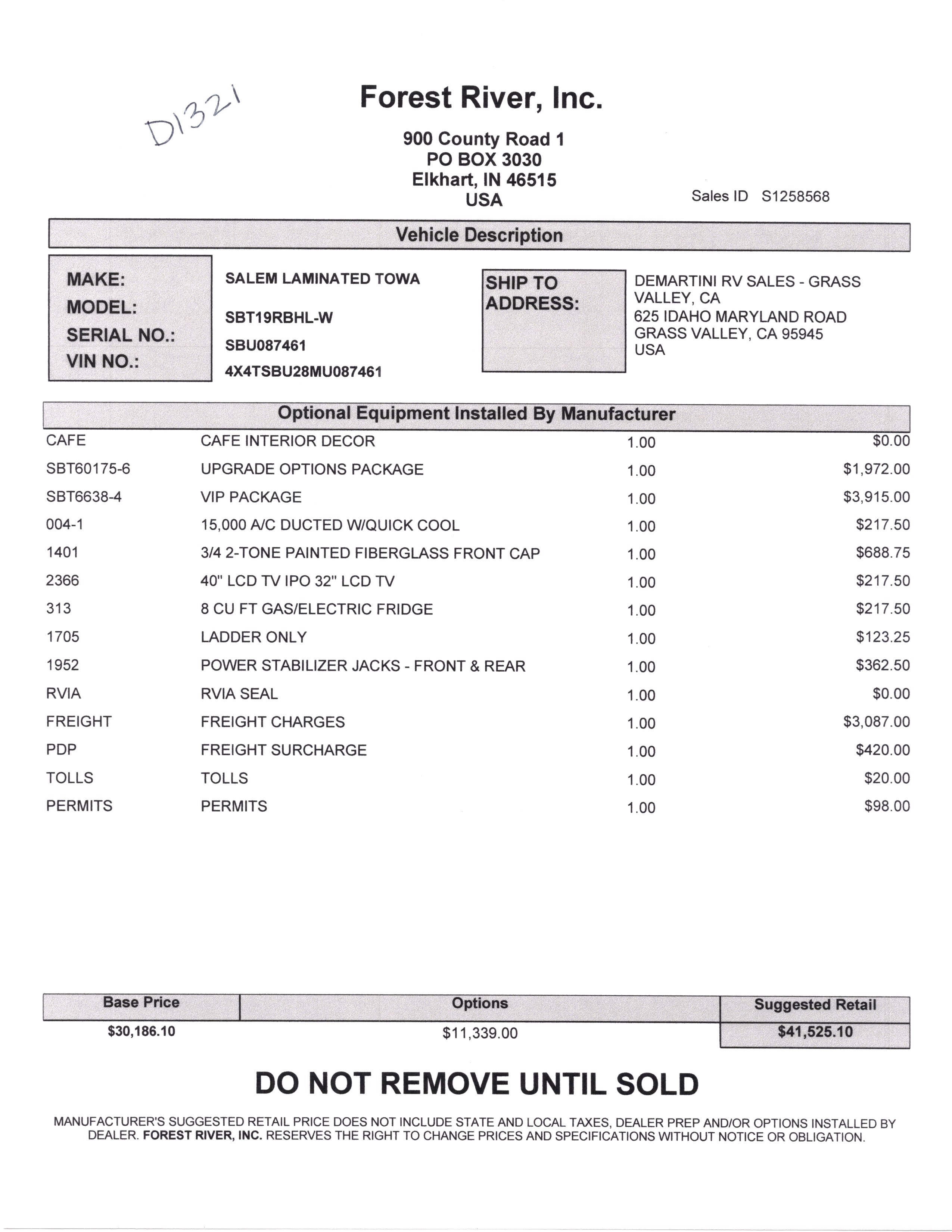 2021 Forest River Salem Hemisphere Hyper-Lyte 19RBLE MSRP Sheet