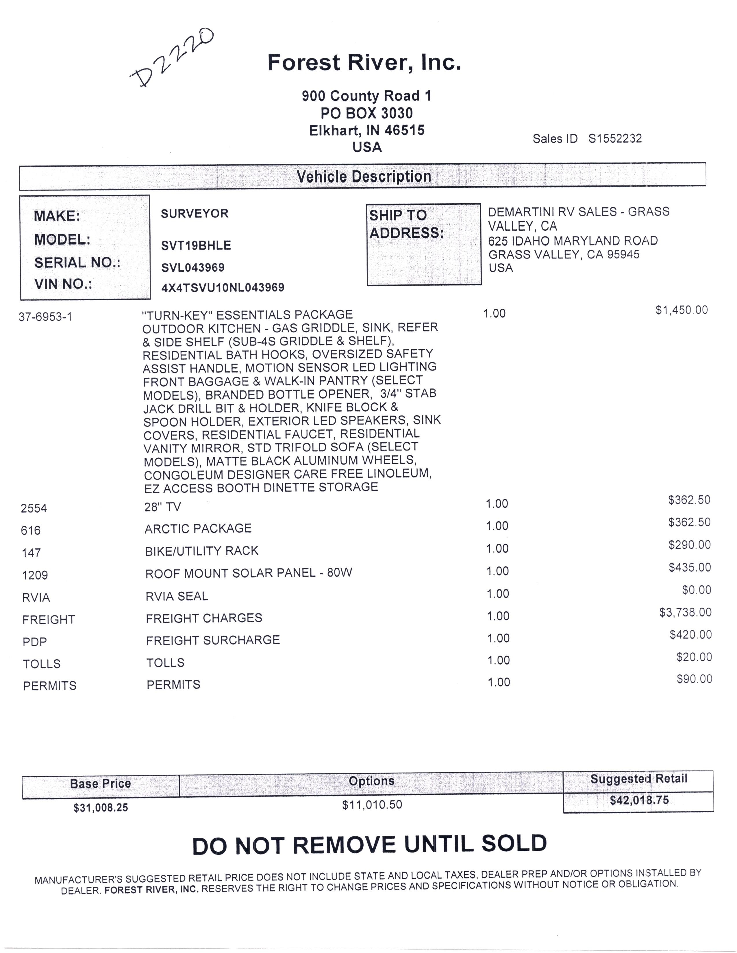 2022 Forest River Surveyor Legend 19BHLE MSRP Sheet