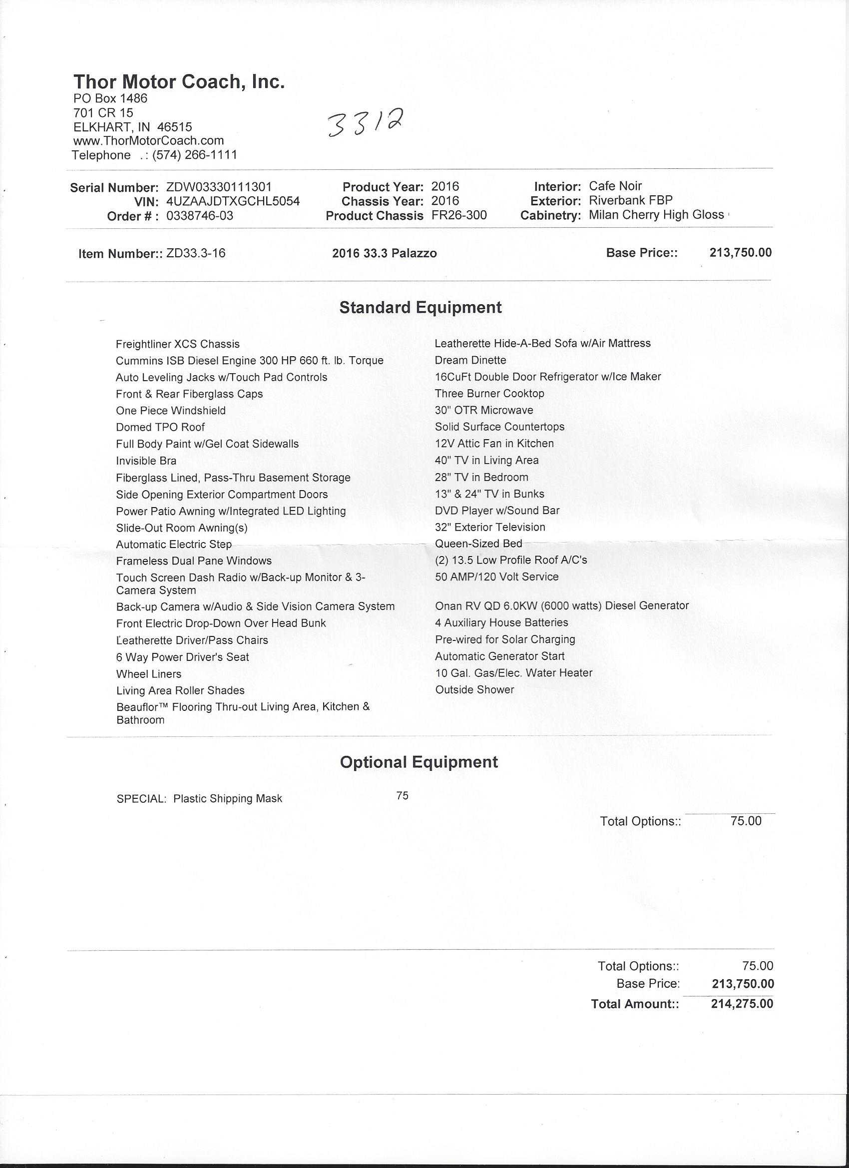 2016 Thor Palazzo 33.3 MSRP Sheet