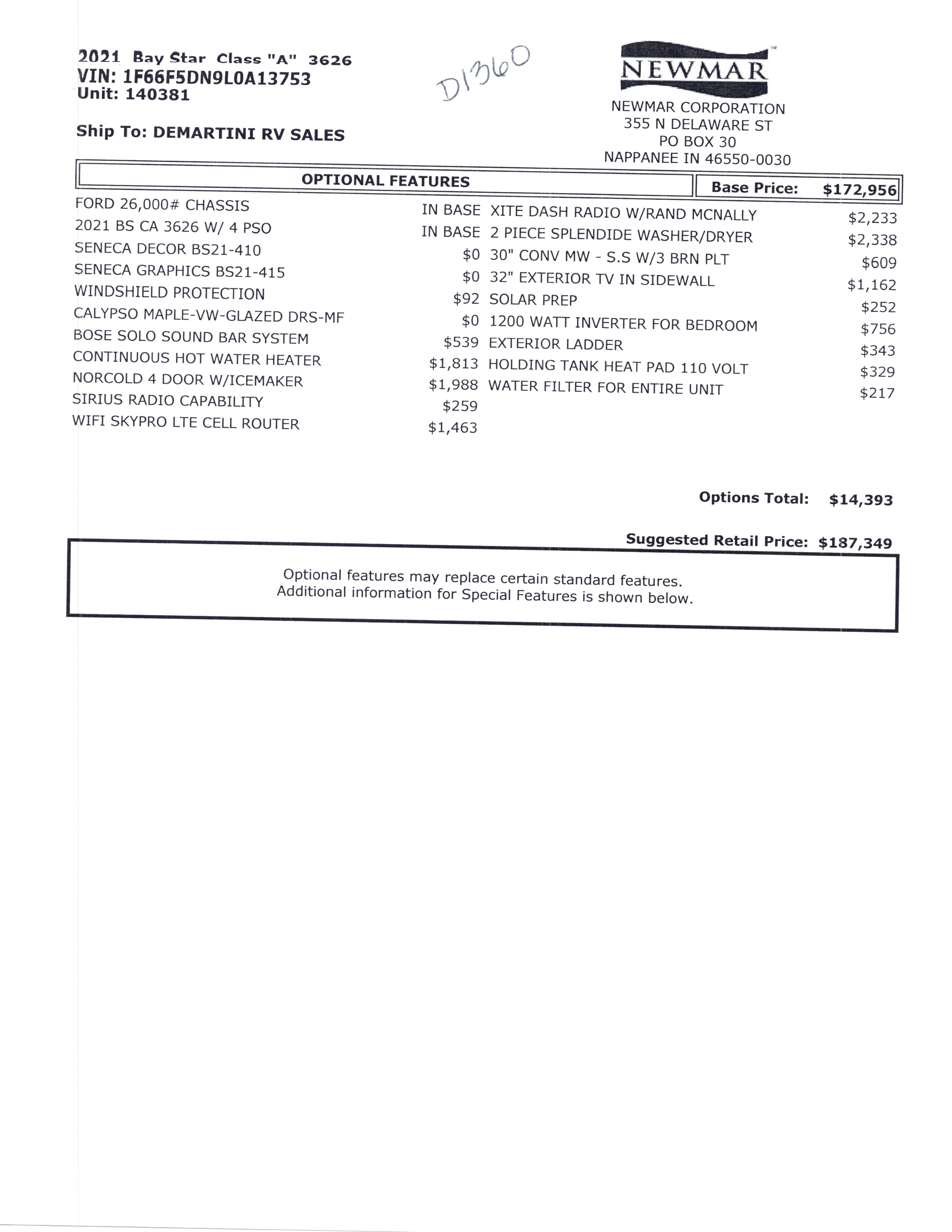 2021 Newmar Bay Star 3626 MSRP Sheet