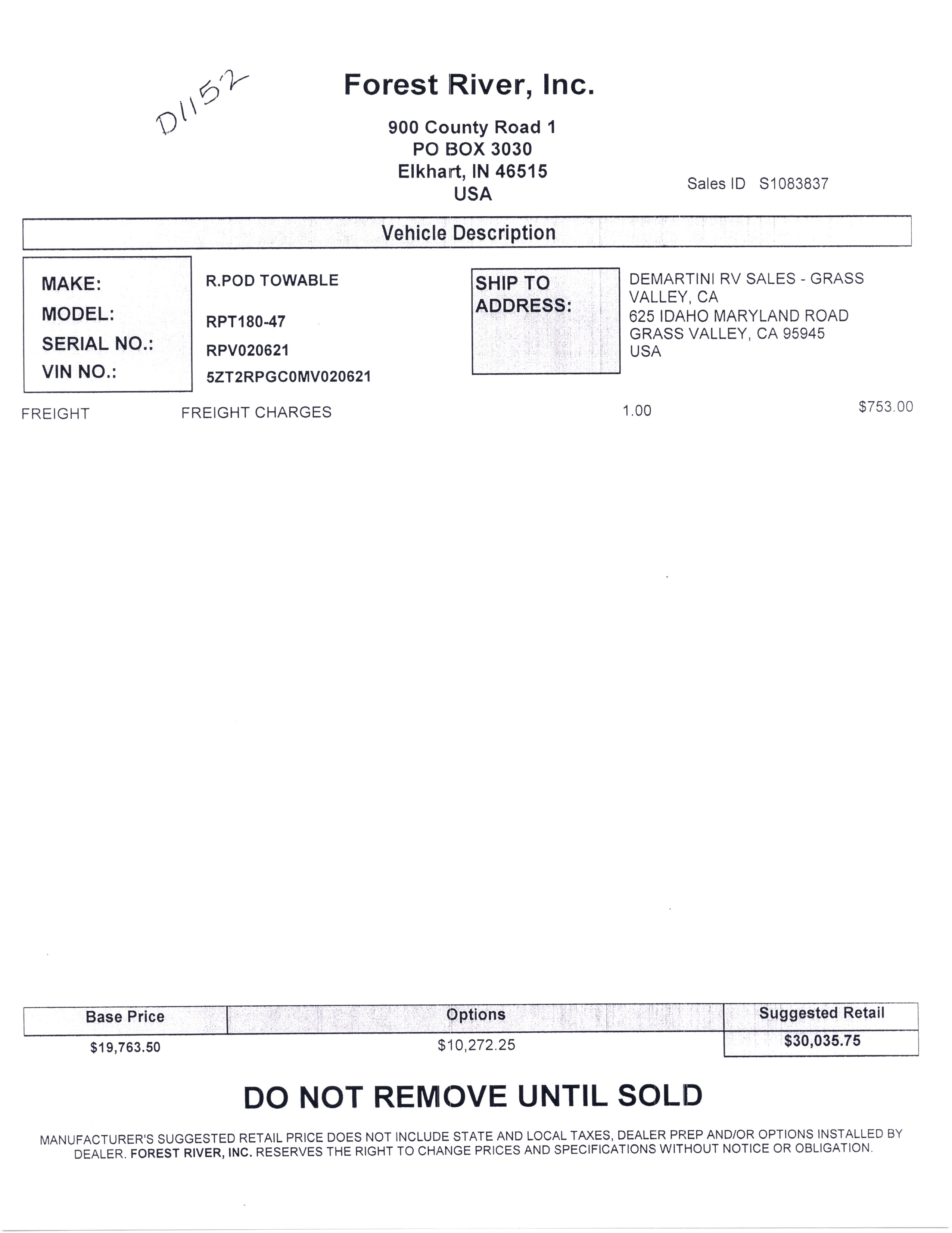 2021 Forest River R-Pod 180 MSRP Sheet