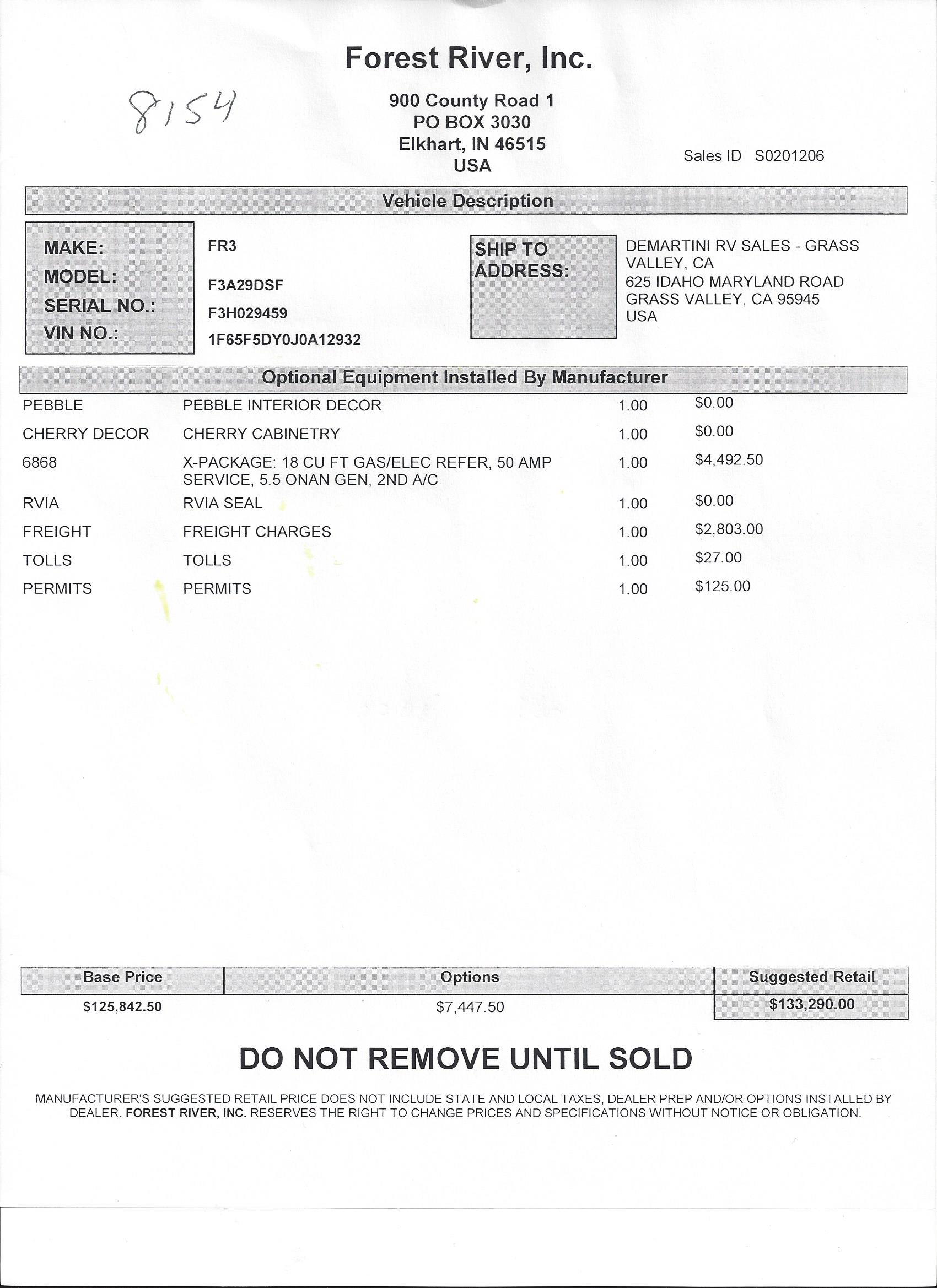 2018 Forest River FR3 29DS MSRP Sheet