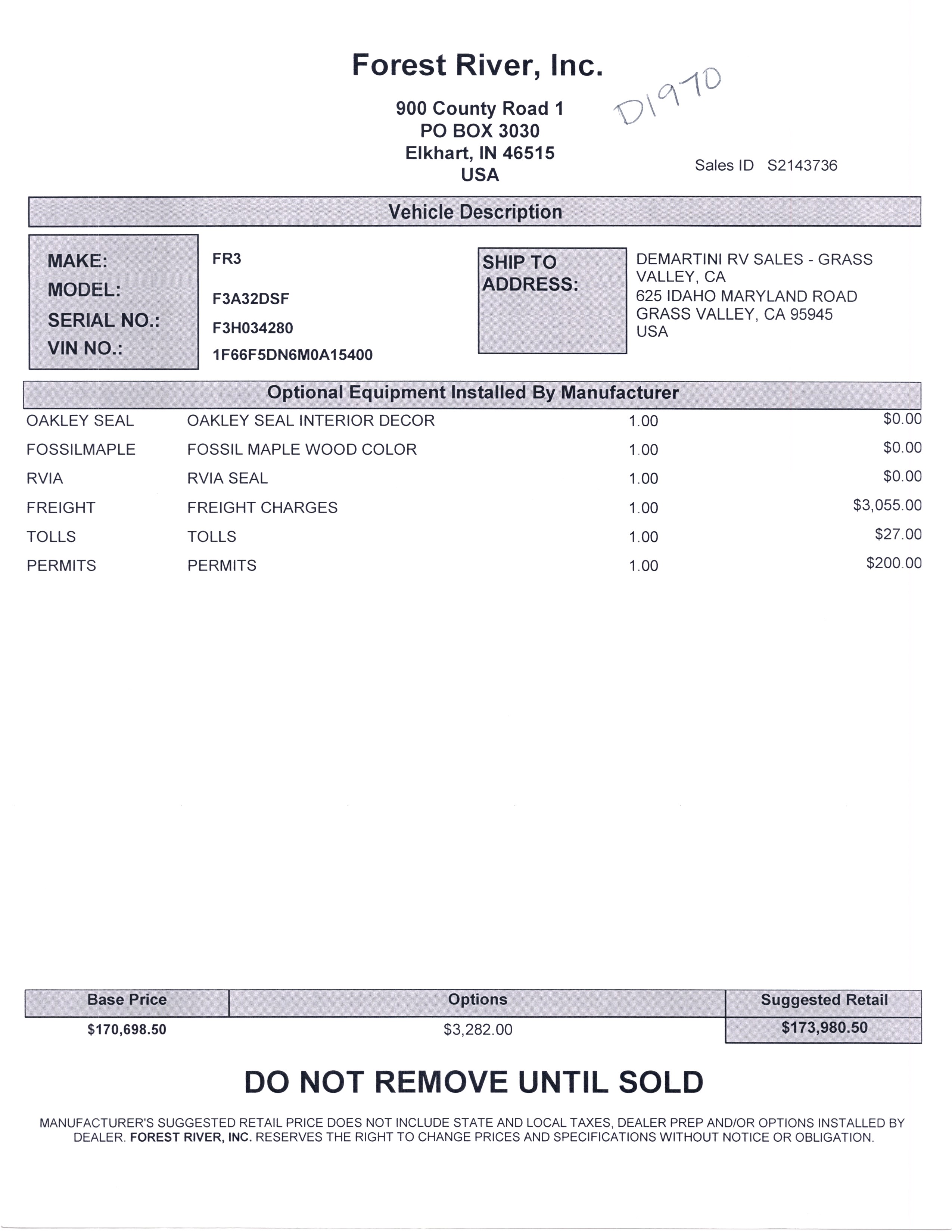 2022 Forest River FR3 32DS MSRP Sheet