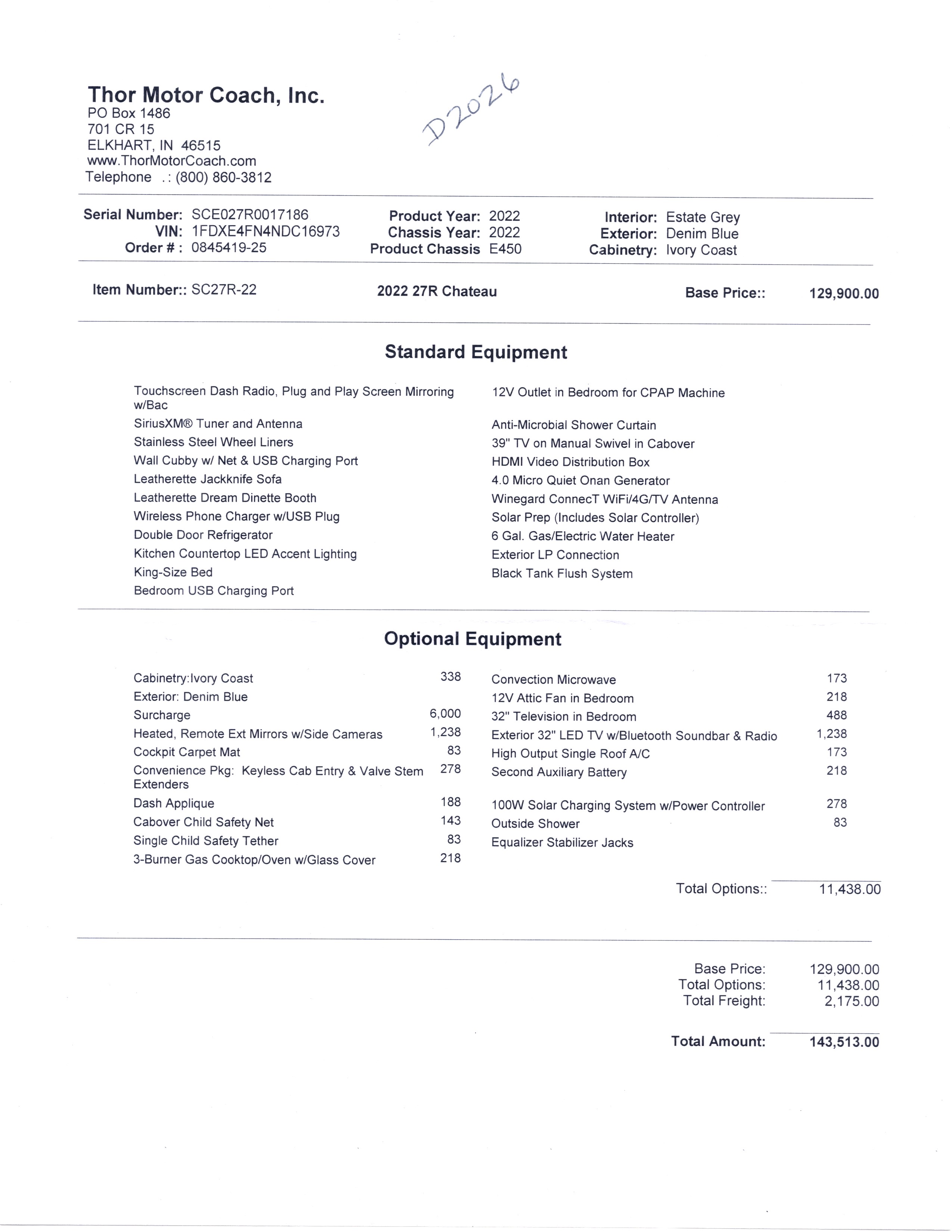 2022 Thor Chateau 27R MSRP Sheet