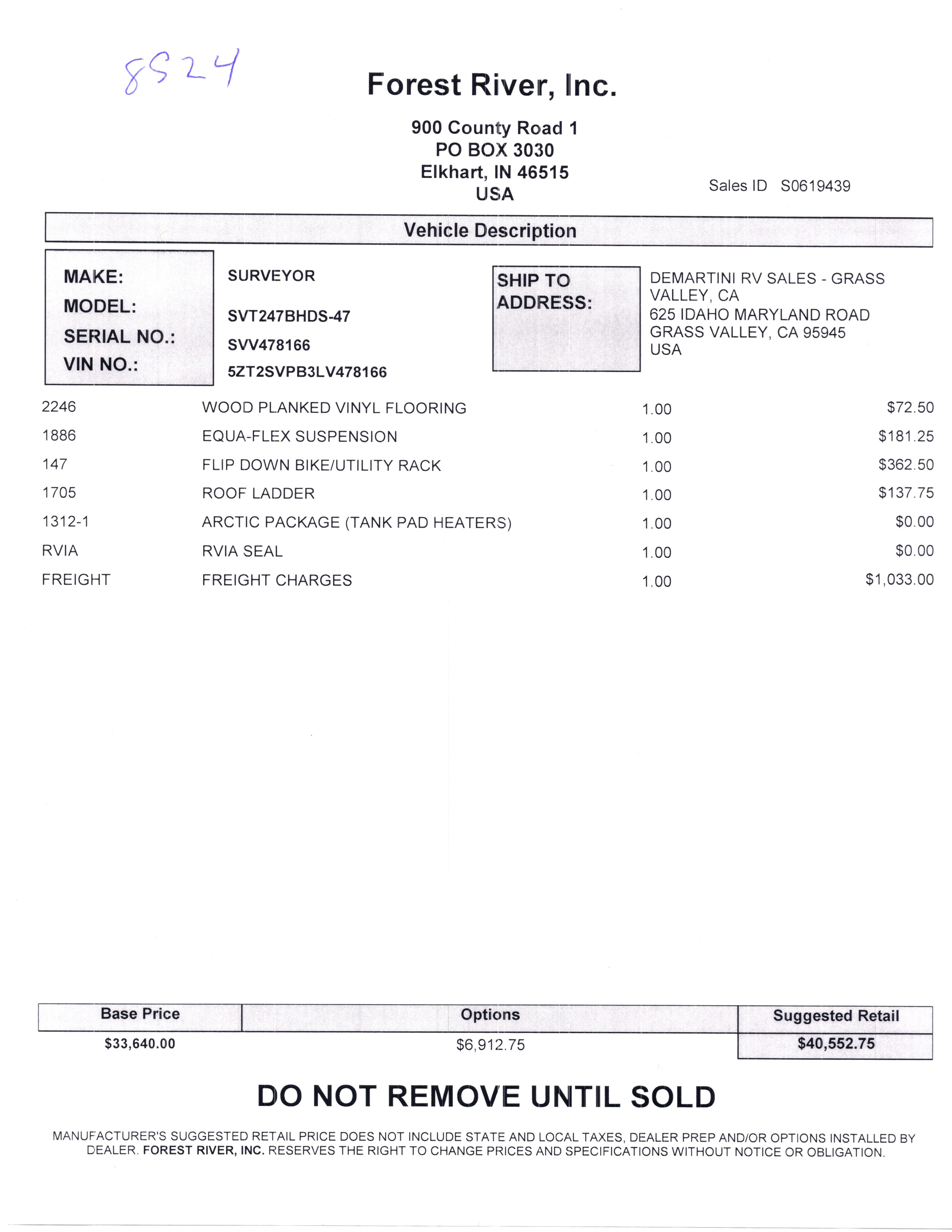 2020 Forest River Surveyor Luxury 247BHDS MSRP Sheet