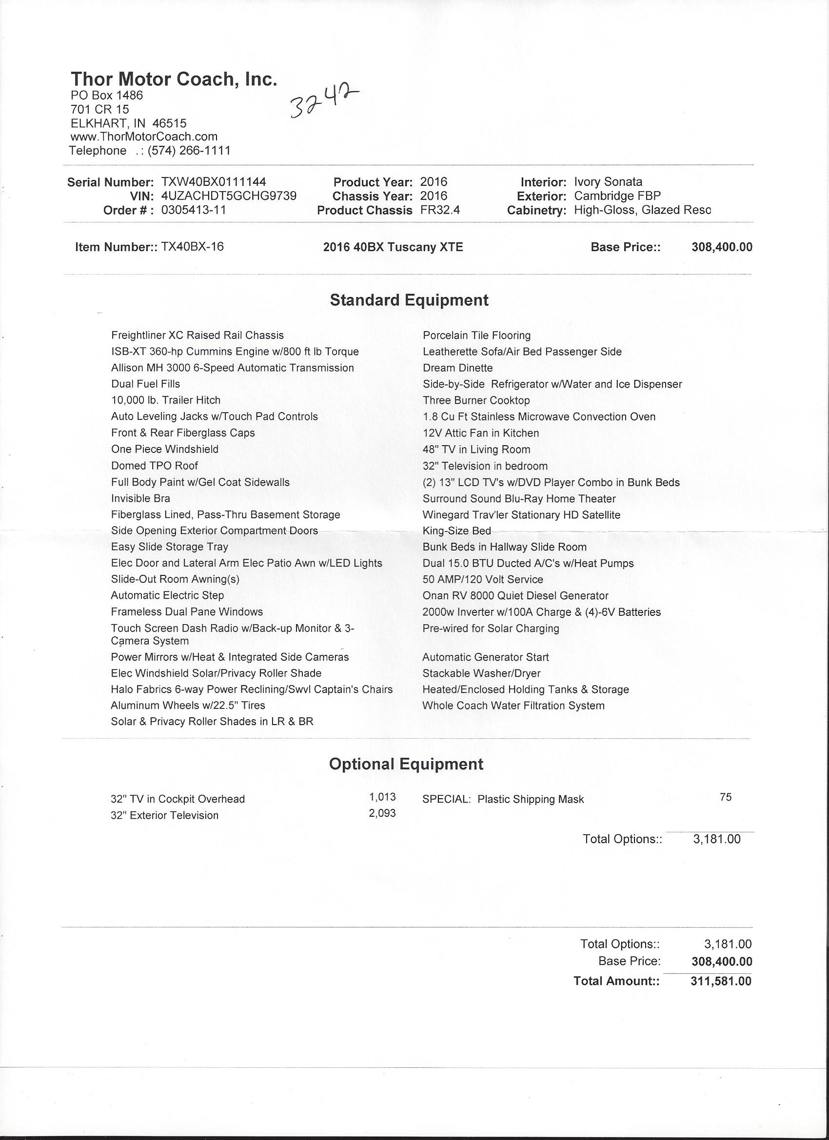 2016 Thor Tuscany XTE 40BX MSRP Sheet