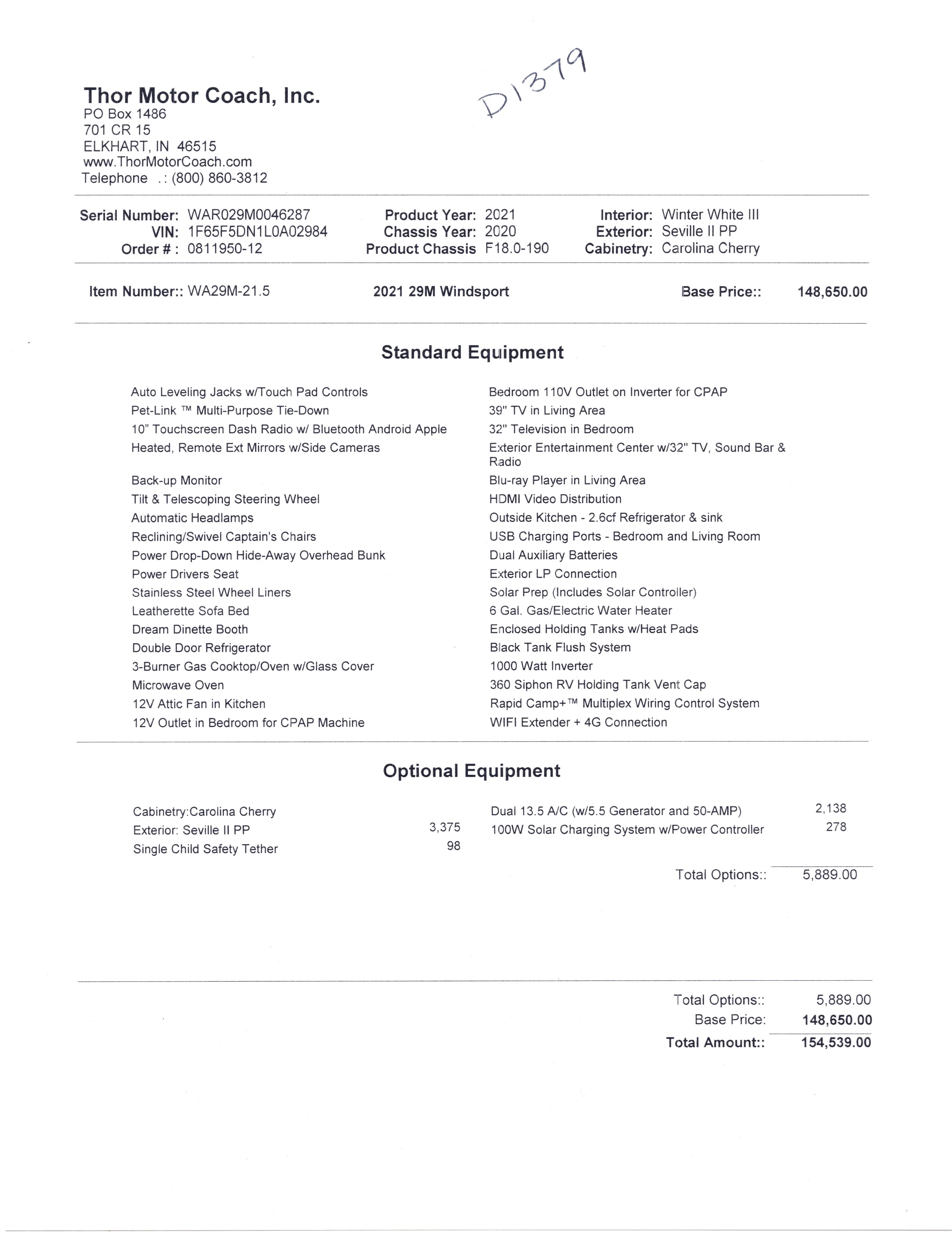 2021 Thor Windsport 29M MSRP Sheet