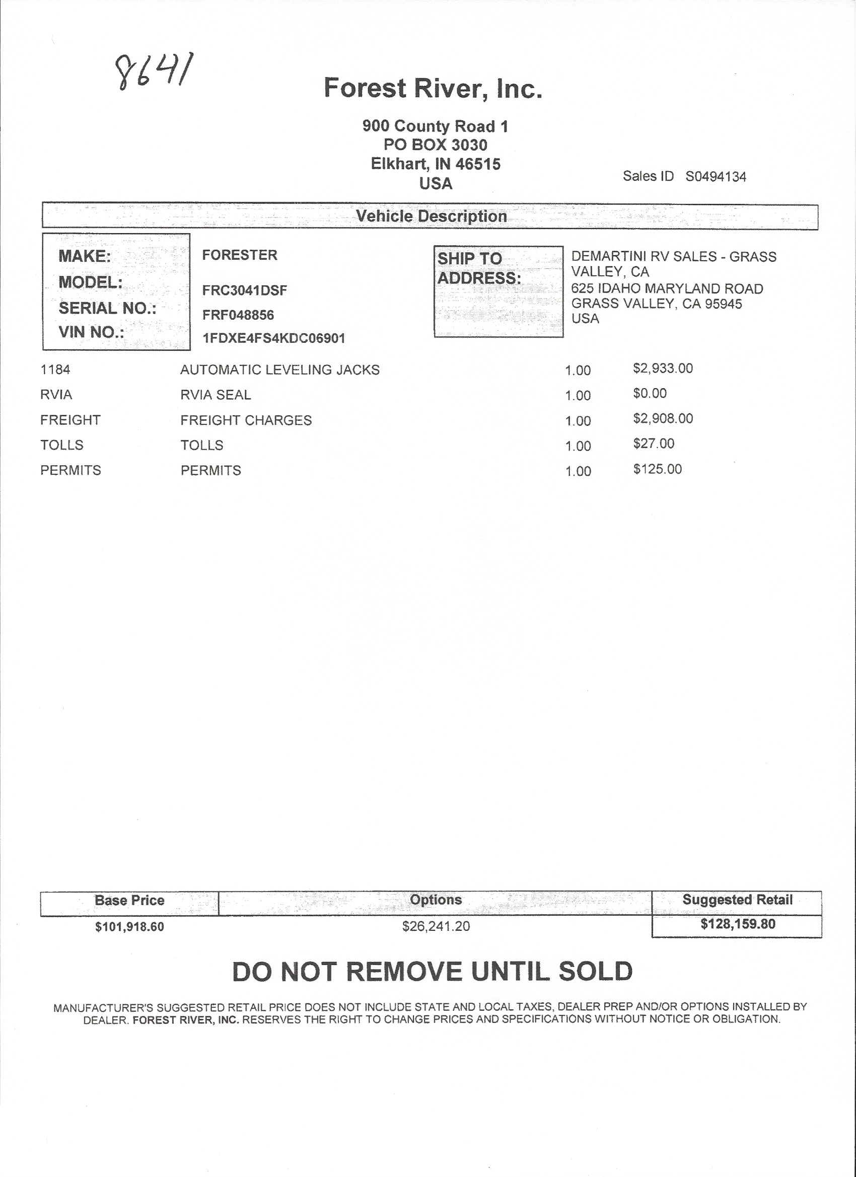 2019 Forest River Forester 3041DS MSRP Sheet