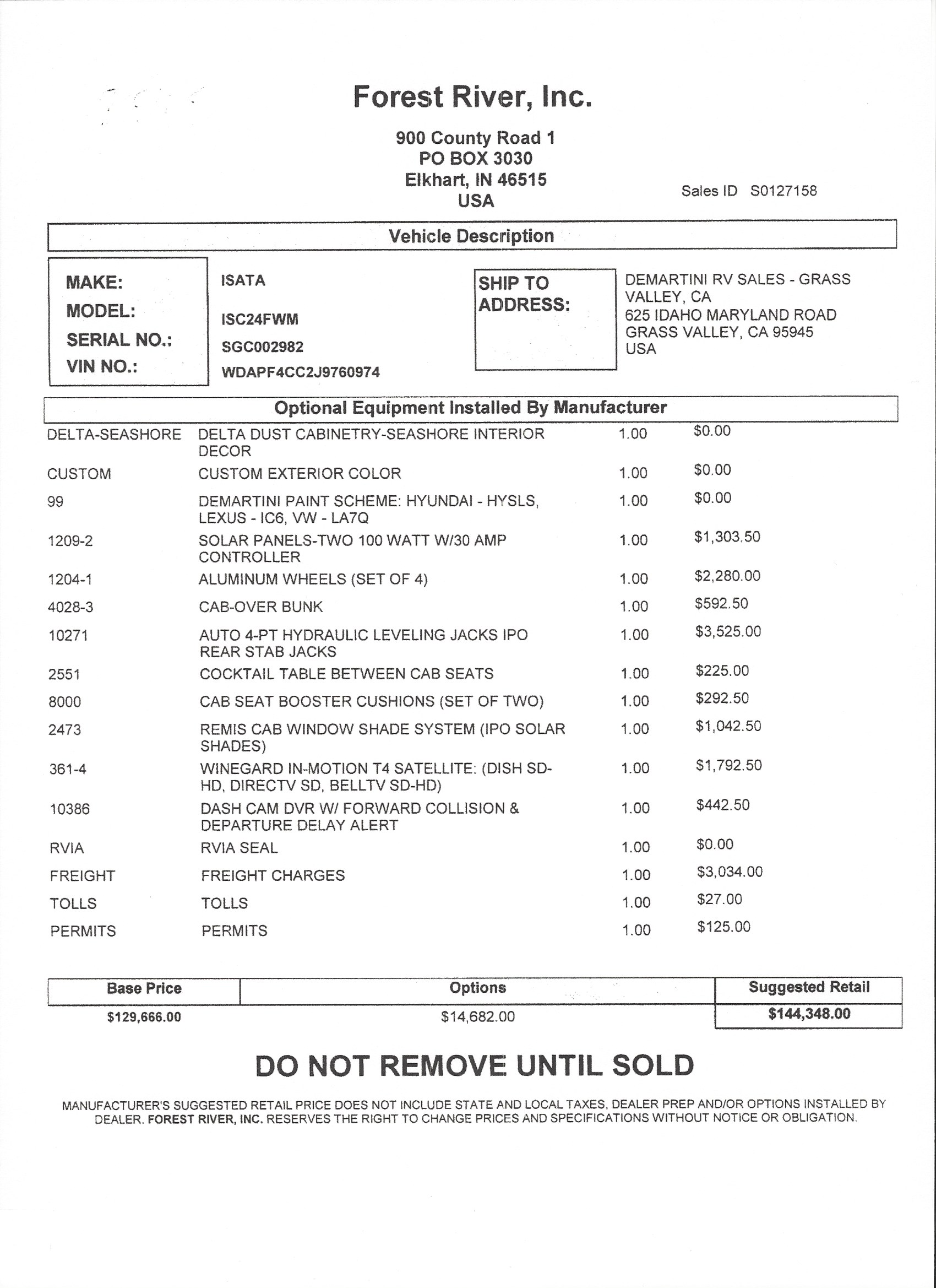 2019 Dynamax Isata 3 24FW MSRP Sheet