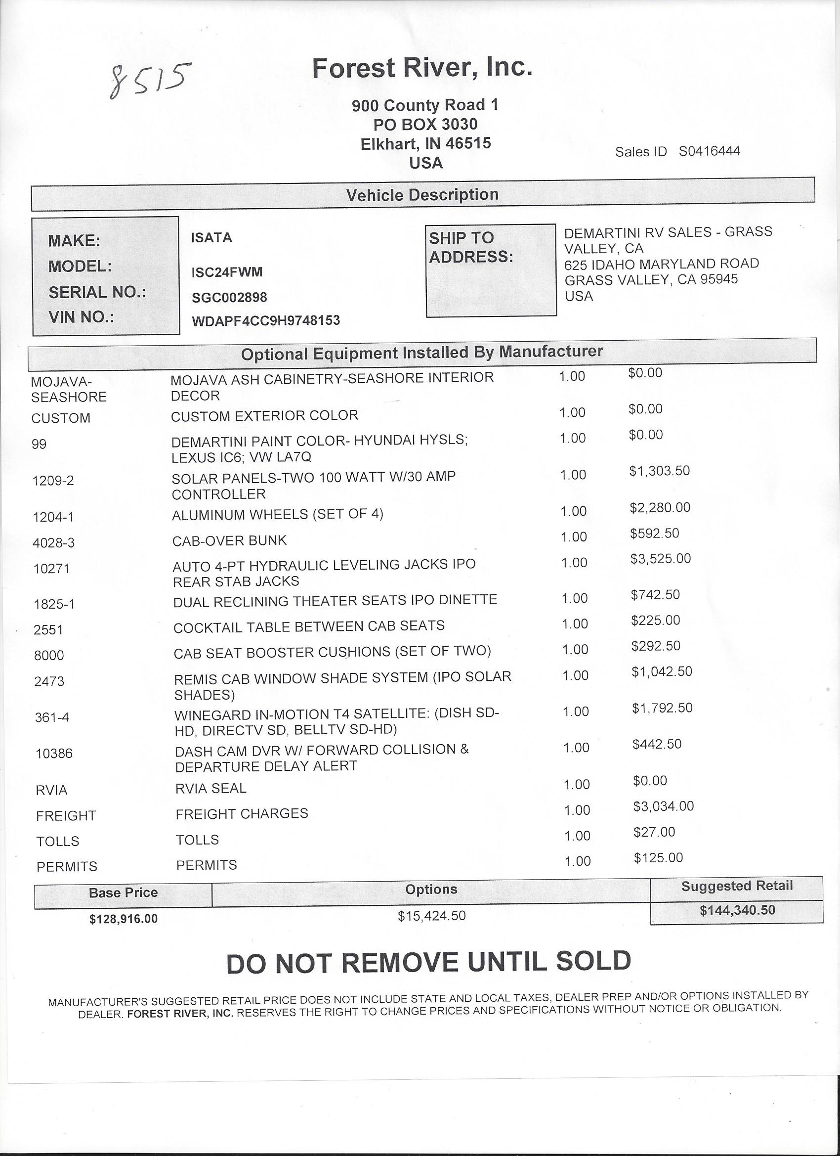 2019 Dynamax Isata 3 24FW MSRP Sheet