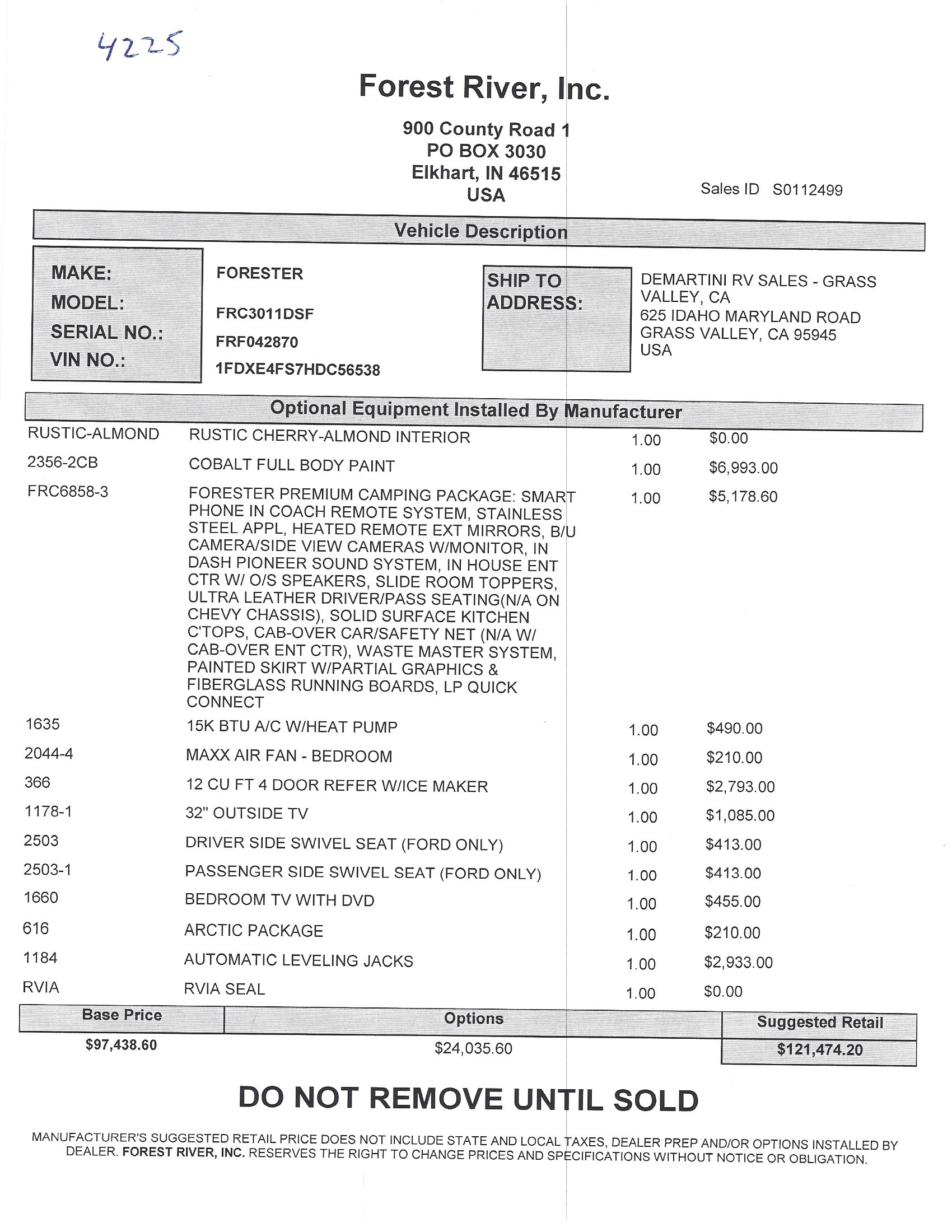 2018 Forest River Forester 3011DS MSRP Sheet