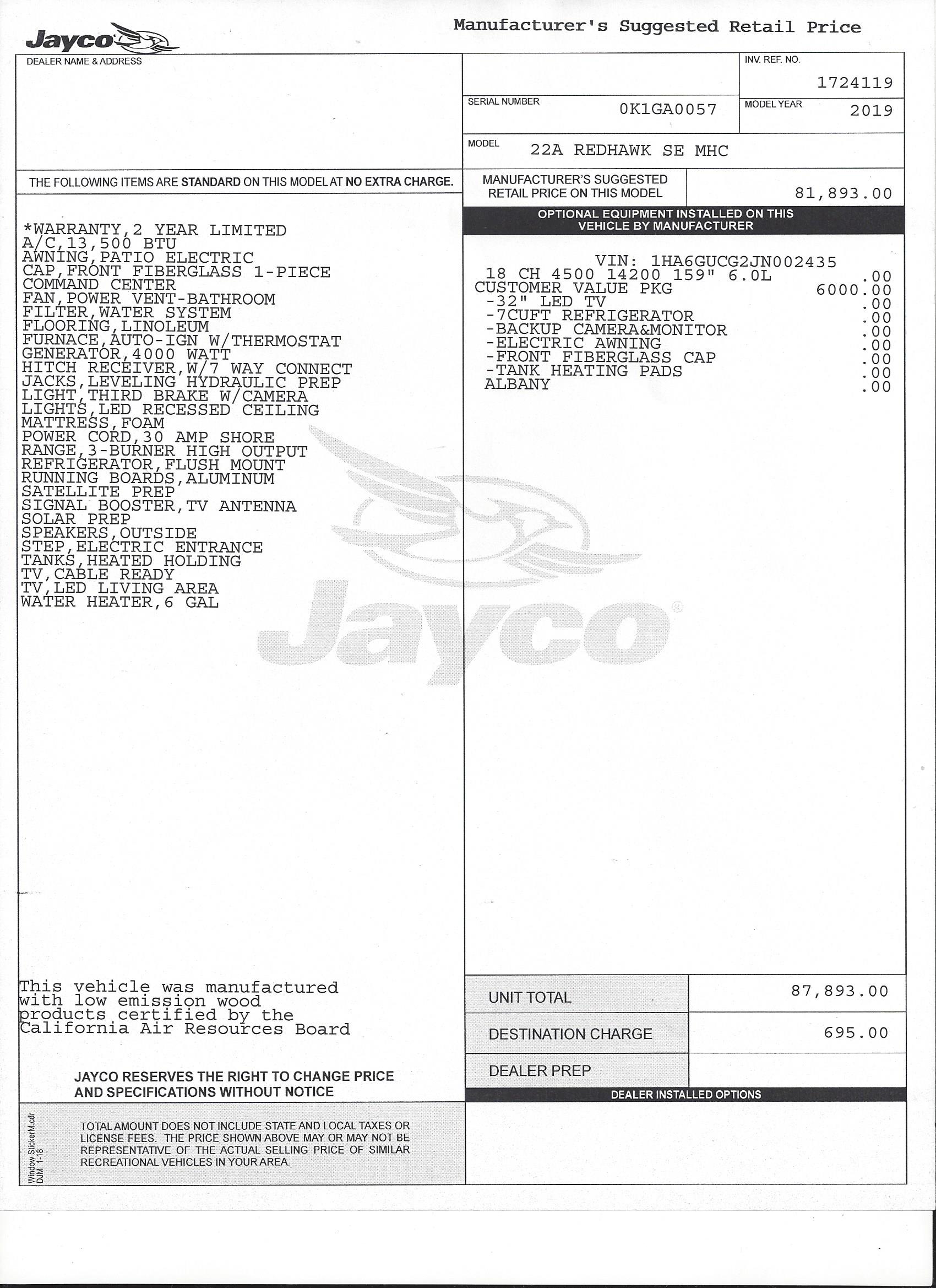 2019 Jayco Redhawk SE 22A MSRP Sheet