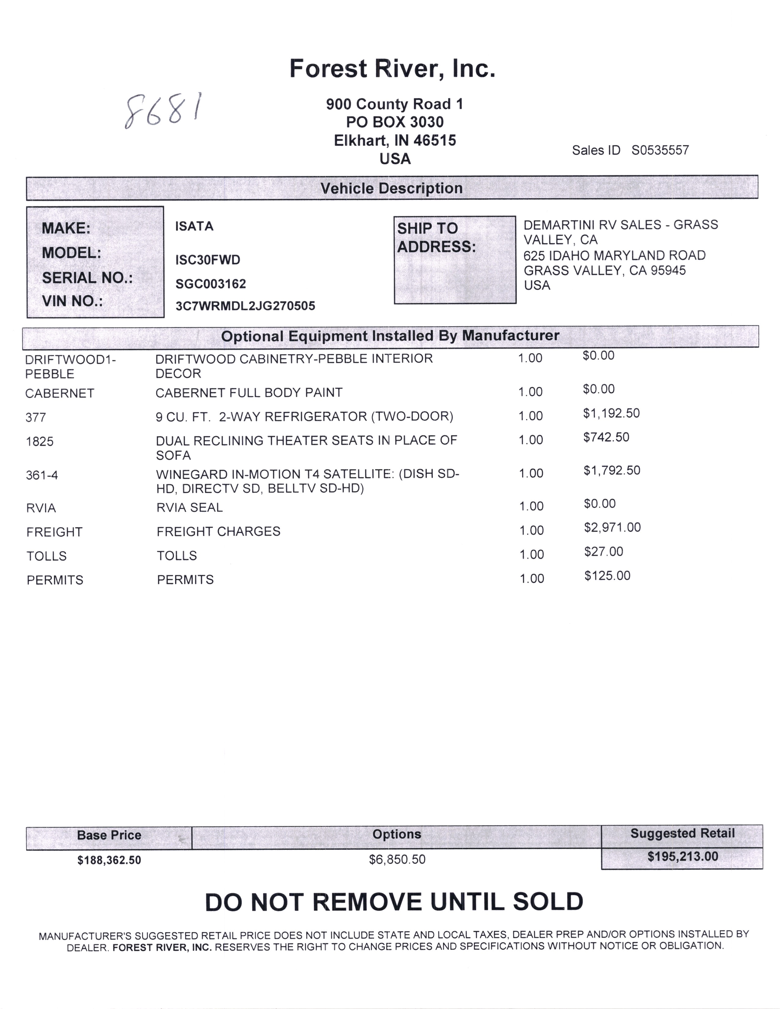 2019 Dynamax Isata 5 30FW MSRP Sheet