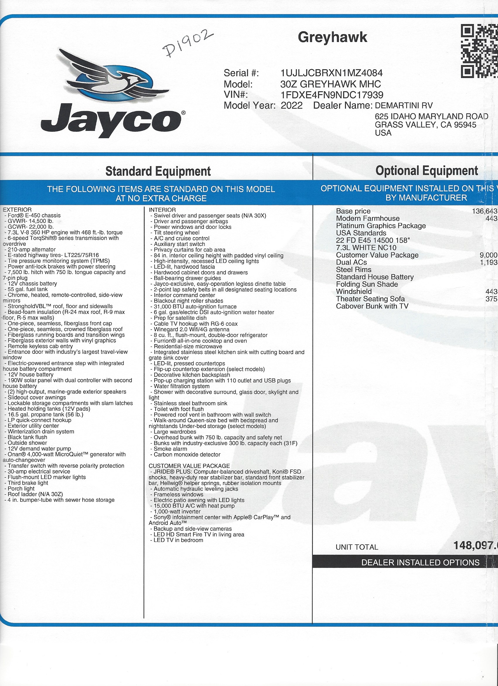 2022 Jayco Greyhawk 30Z MSRP Sheet