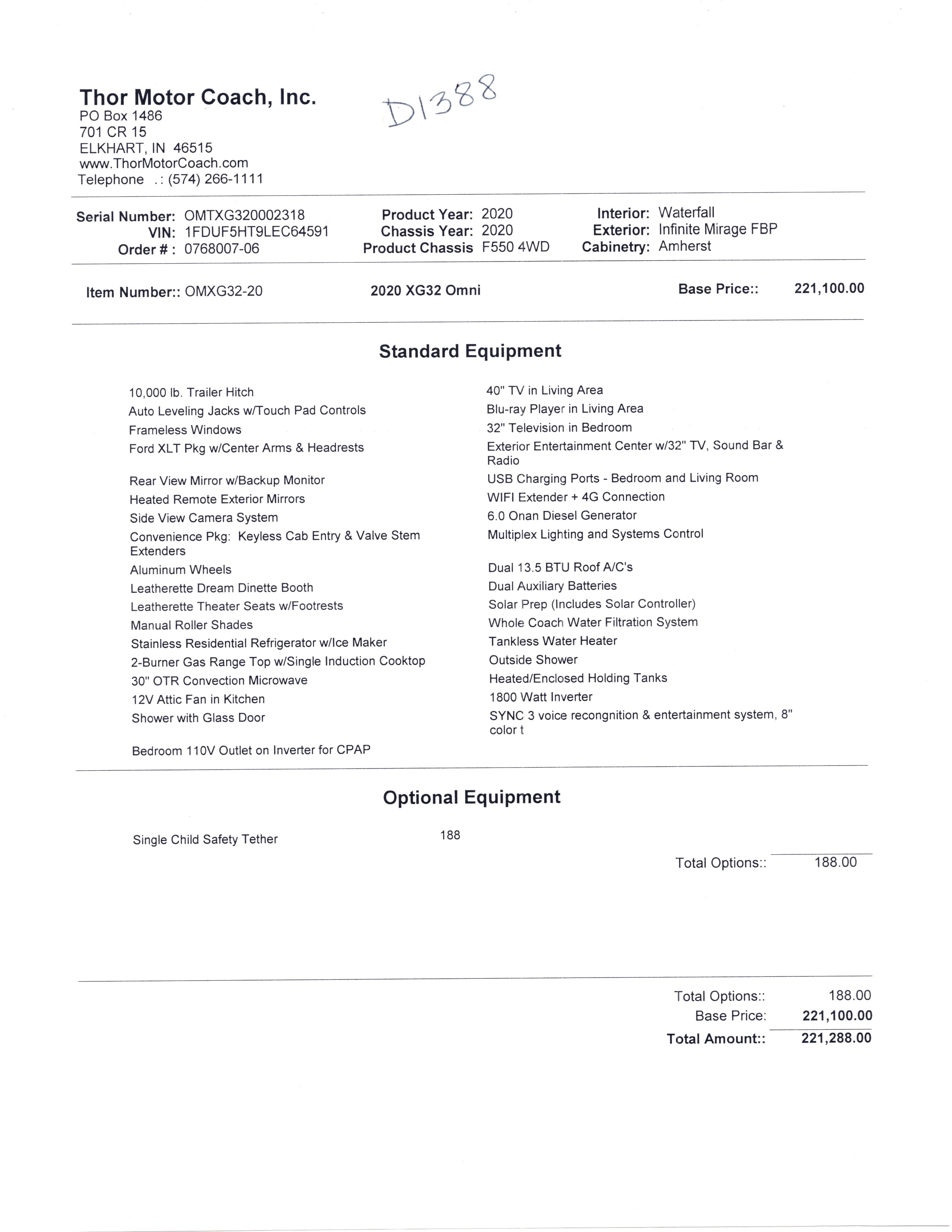 2020 Thor Omni 4x4 XG32 MSRP Sheet