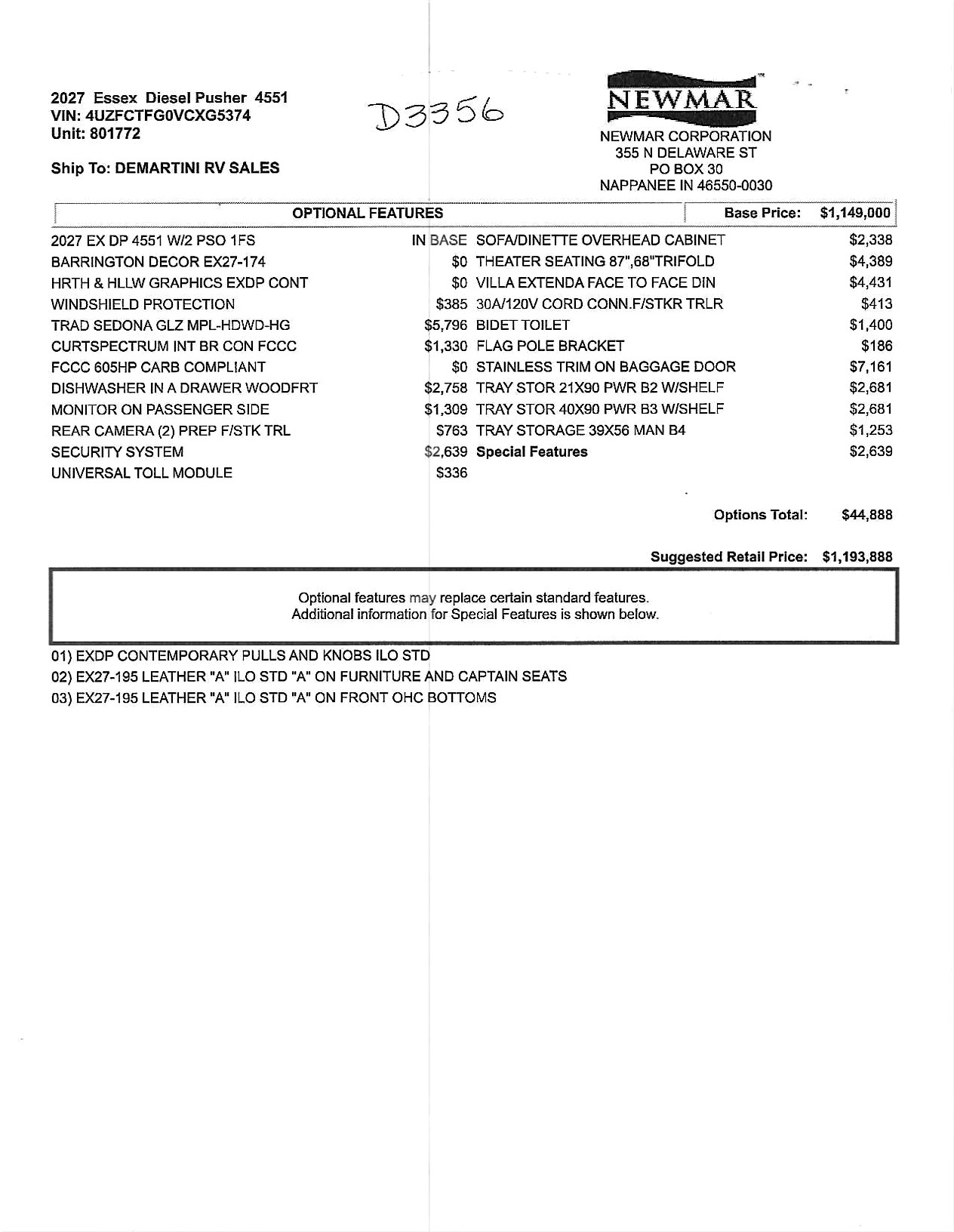 2027 Newmar Essex 4551 MSRP Sheet