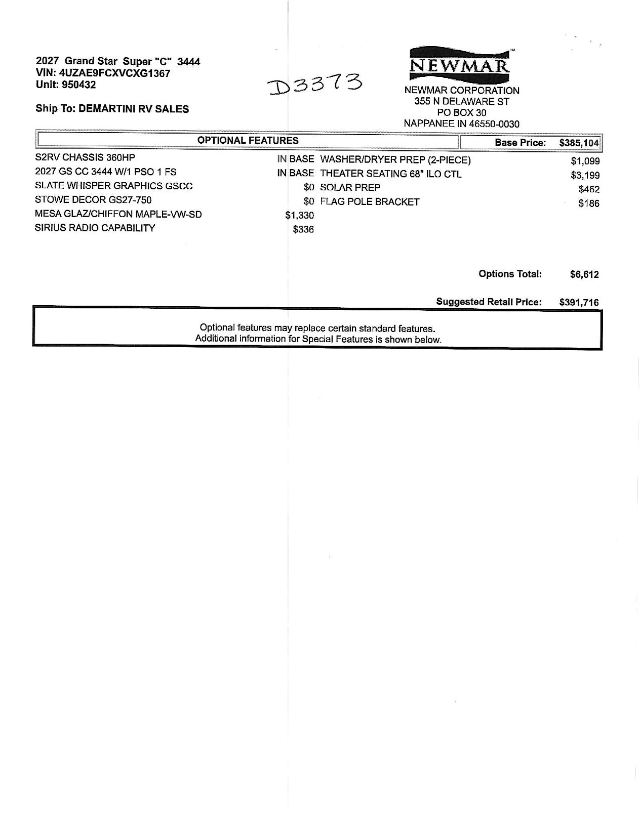 2027 Newmar Grand Star 3444 MSRP Sheet