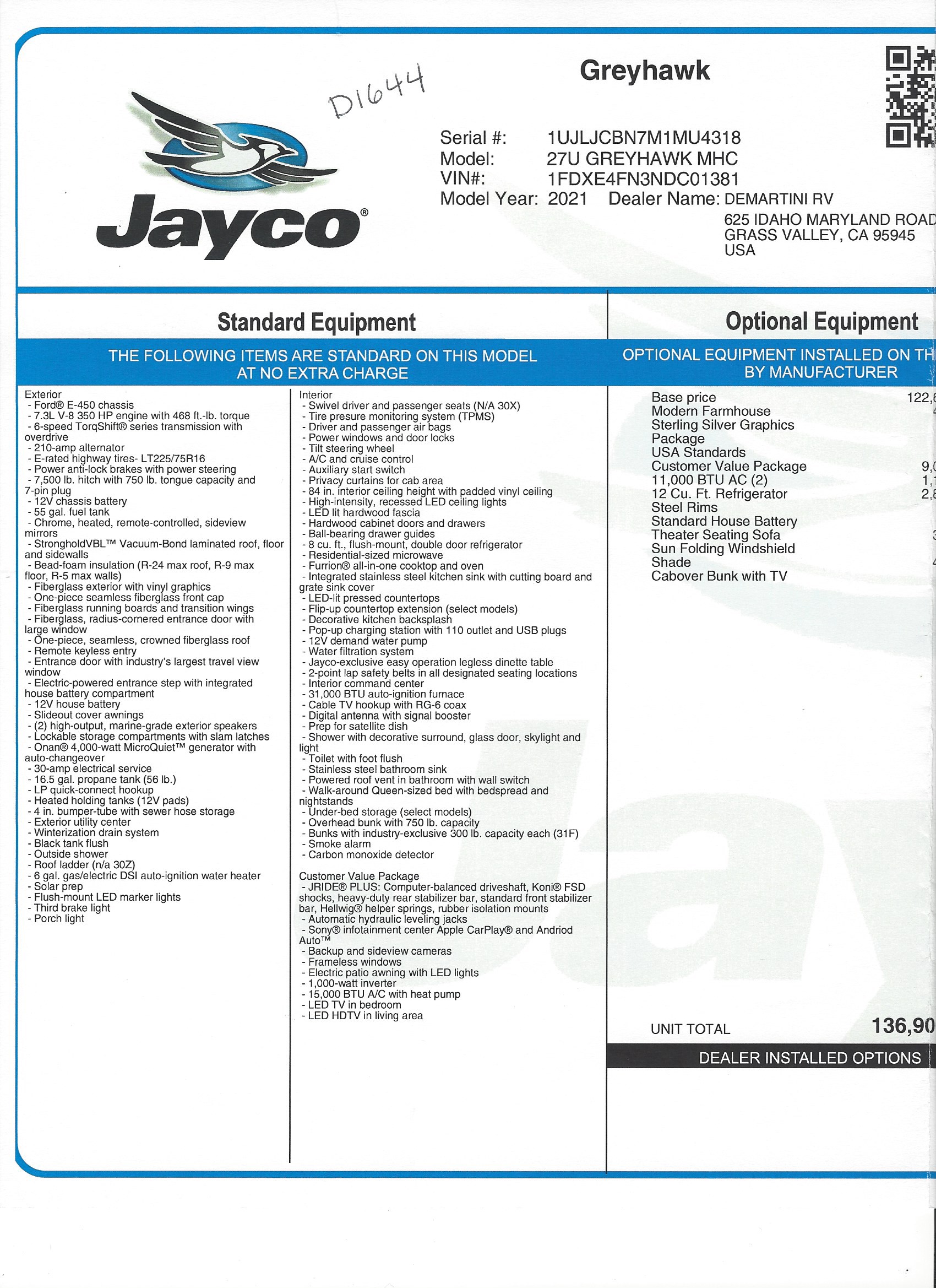 2021 Jayco Greyhawk 27U MSRP Sheet