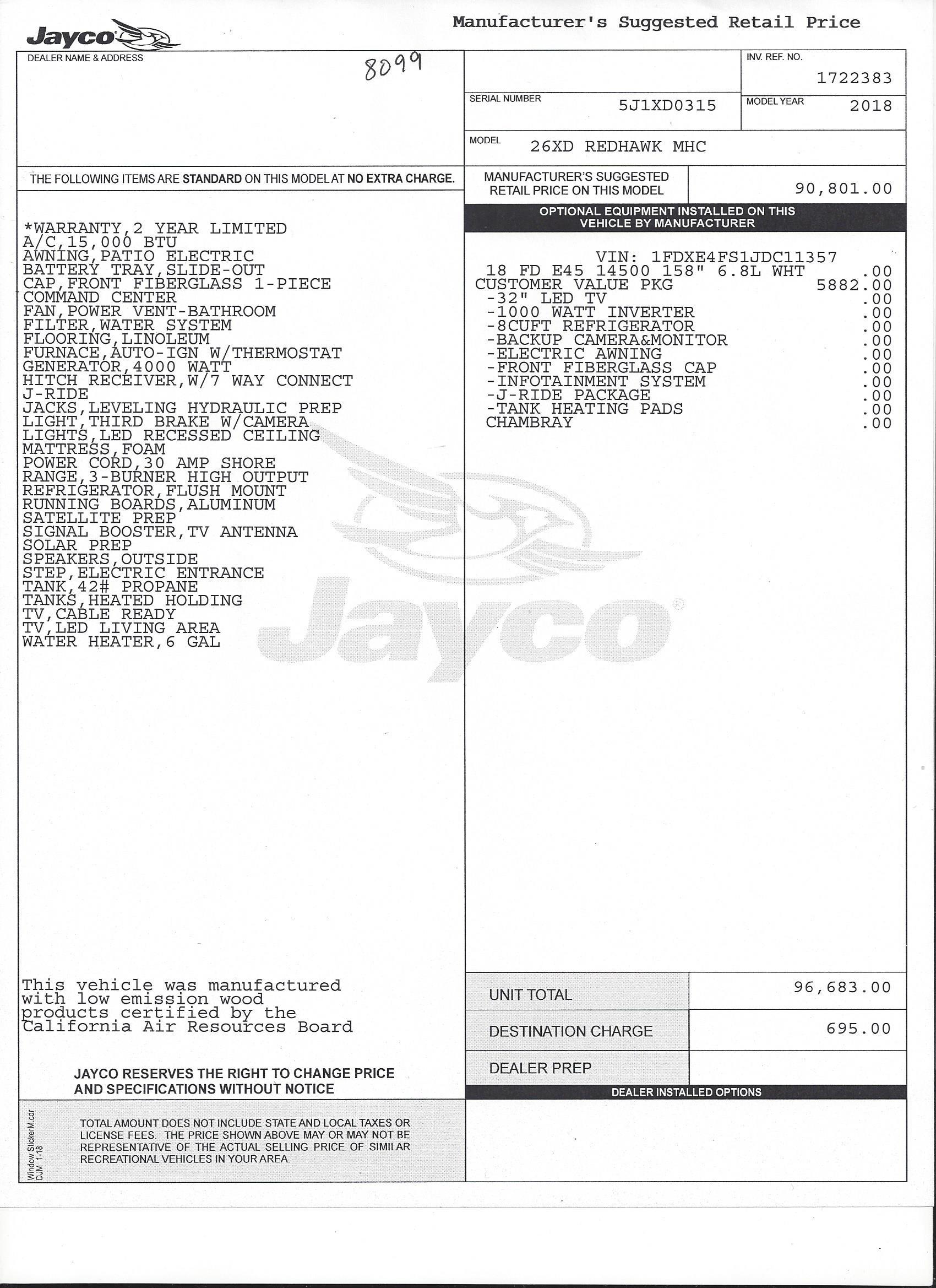 2018 Jayco Redhawk 26XD MSRP Sheet