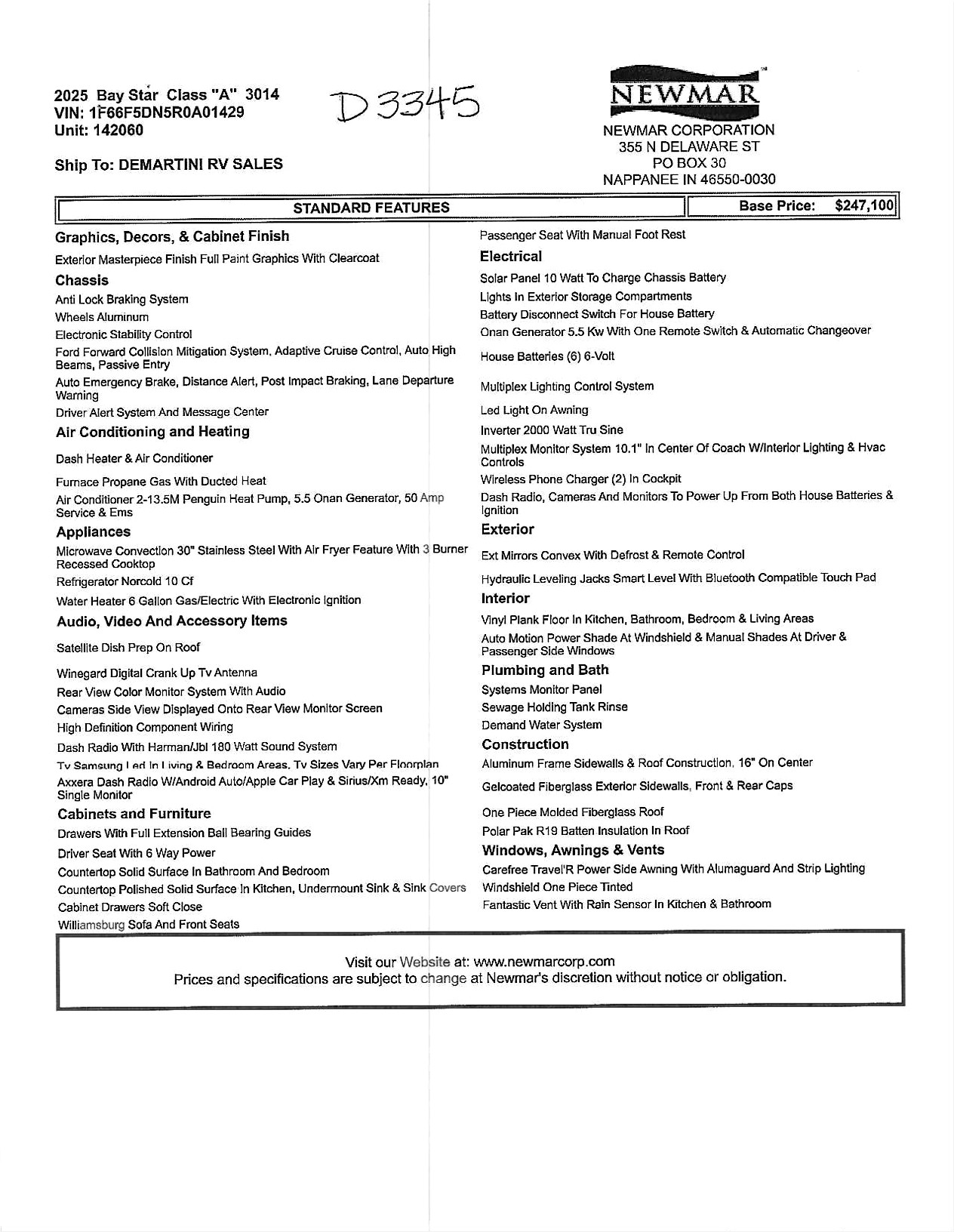 2025 Newmar Baystar 3014 MSRP Sheet