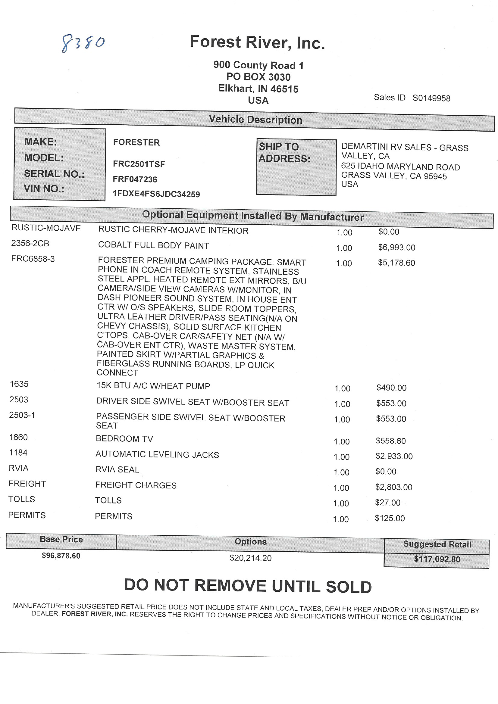 2018 Forest River Forester 2501TS MSRP Sheet