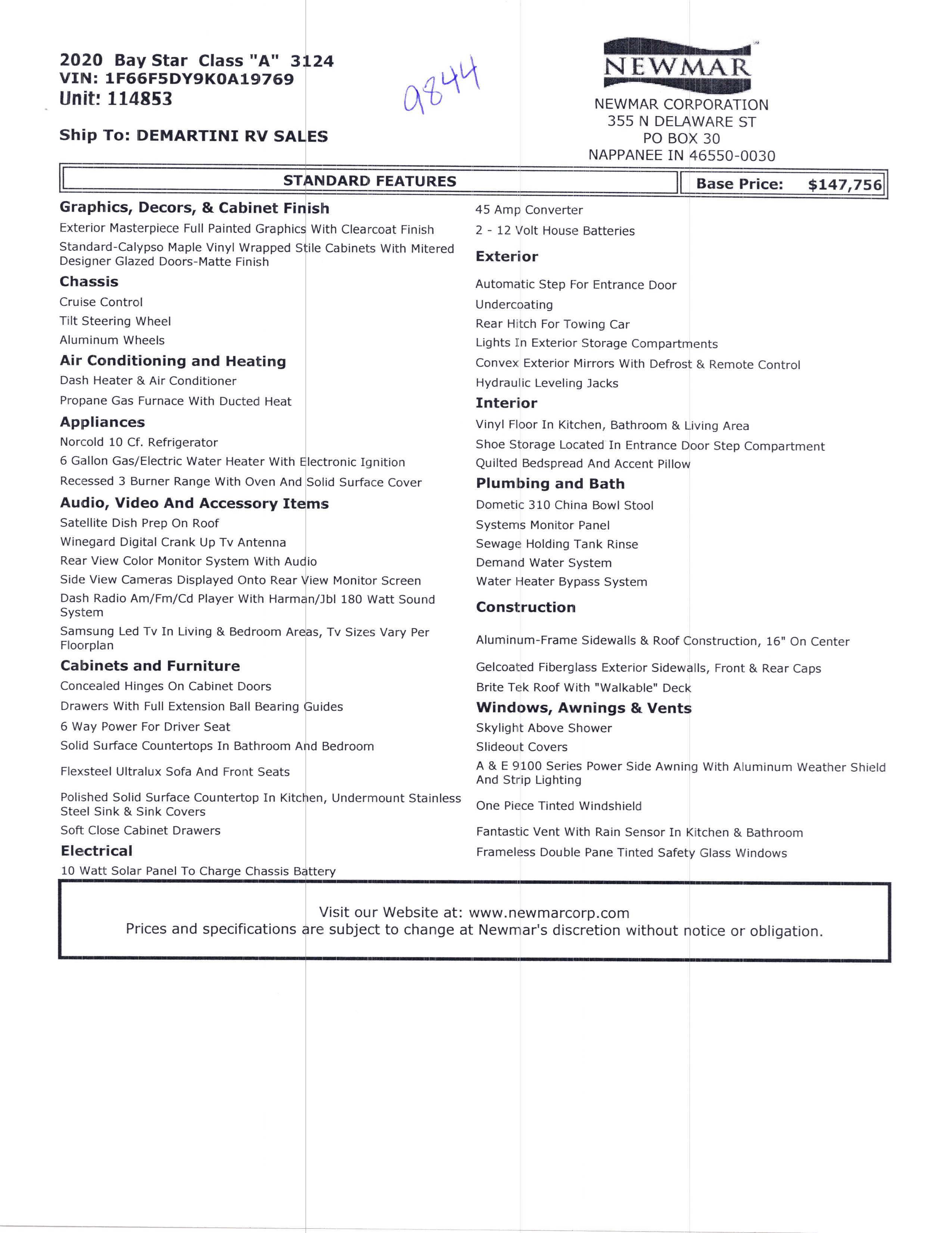 2020 Newmar Bay Star 3124 MSRP Sheet