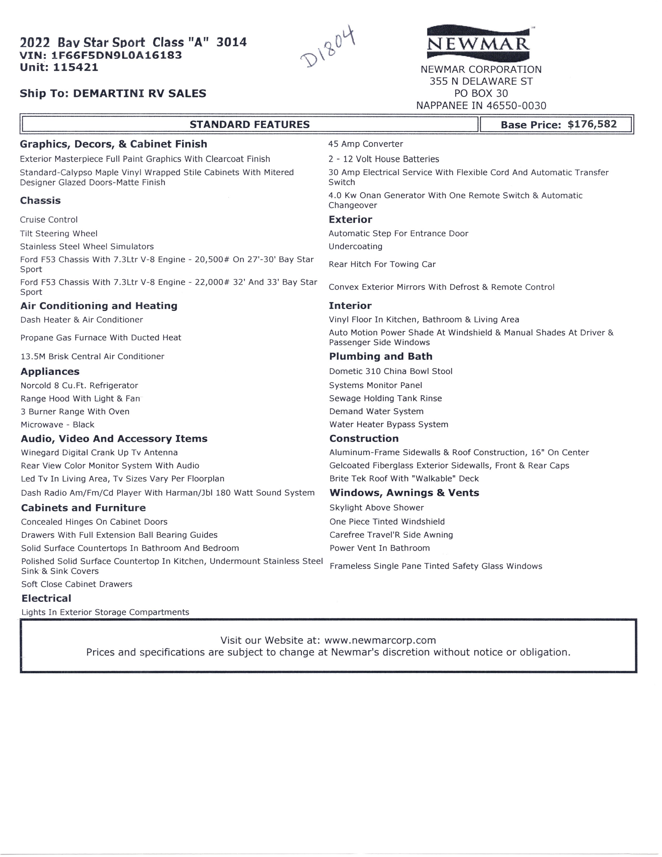 2022 Newmar Bay Star Sport 3014 MSRP Sheet