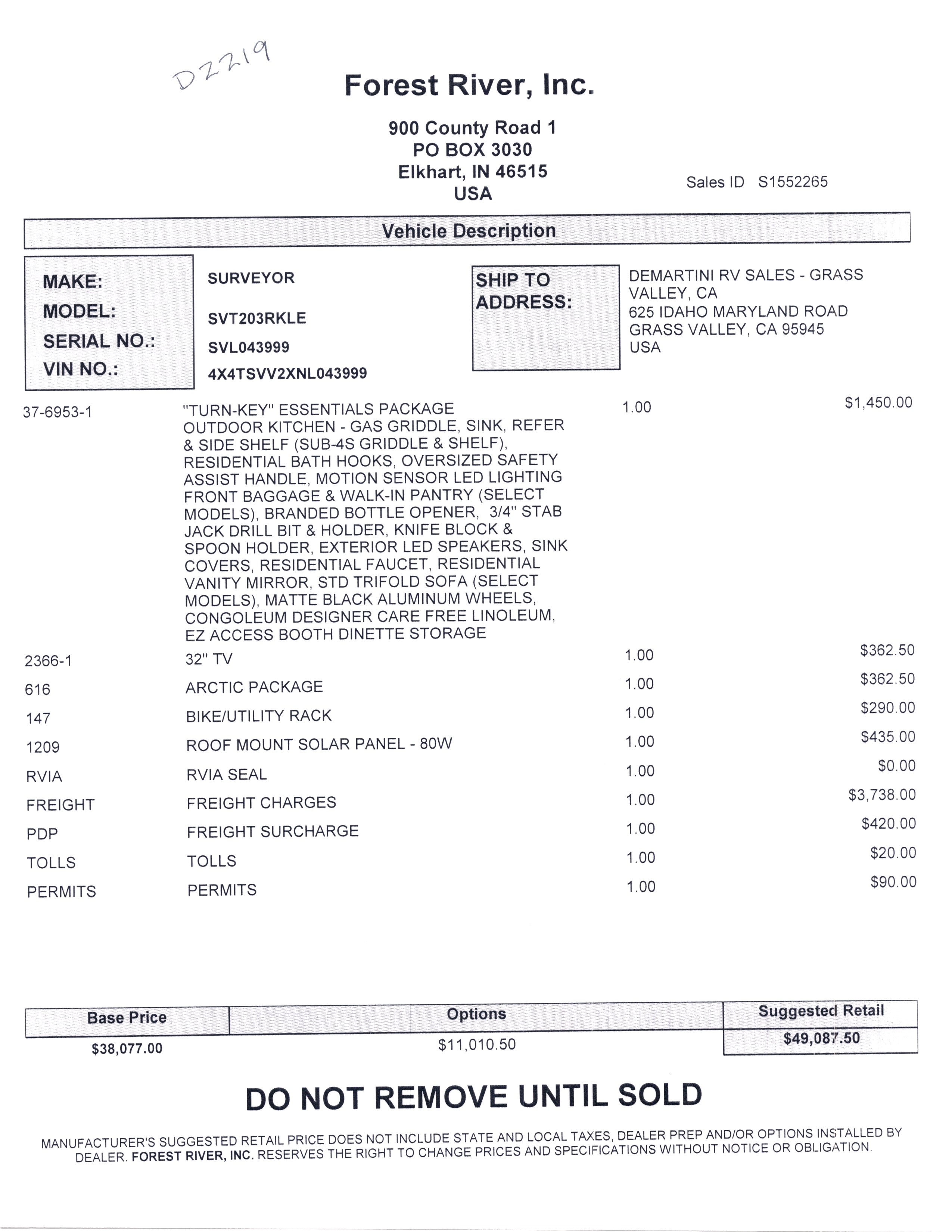 2022 Forest River Surveyor Legend 203RKLE MSRP Sheet