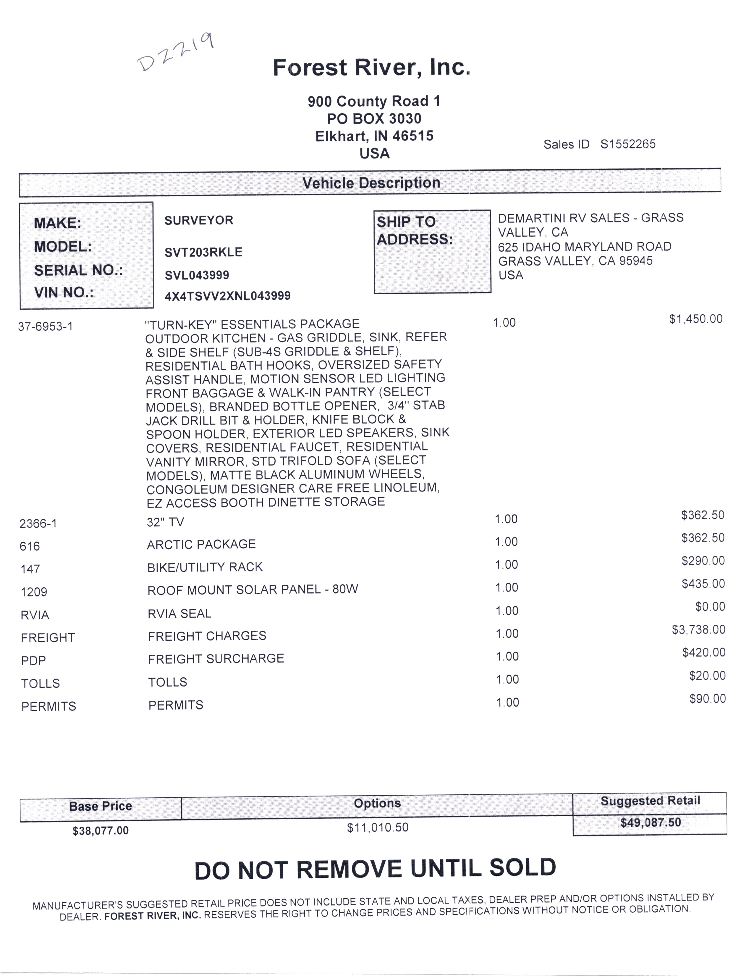 2022 Forest River Surveyor Legend 203RKLE MSRP Sheet