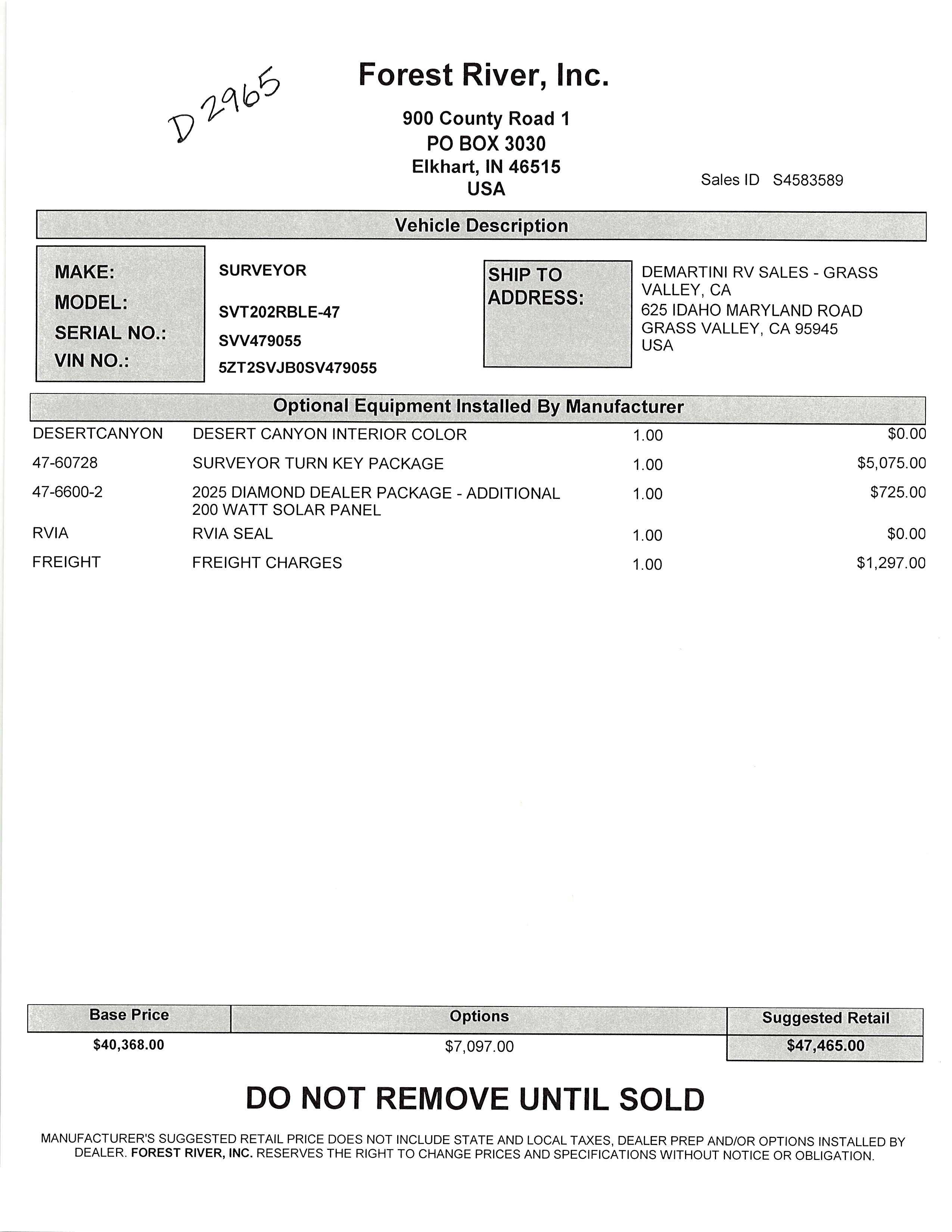 2025 Forest River Surveyor 202RBLE MSRP Sheet