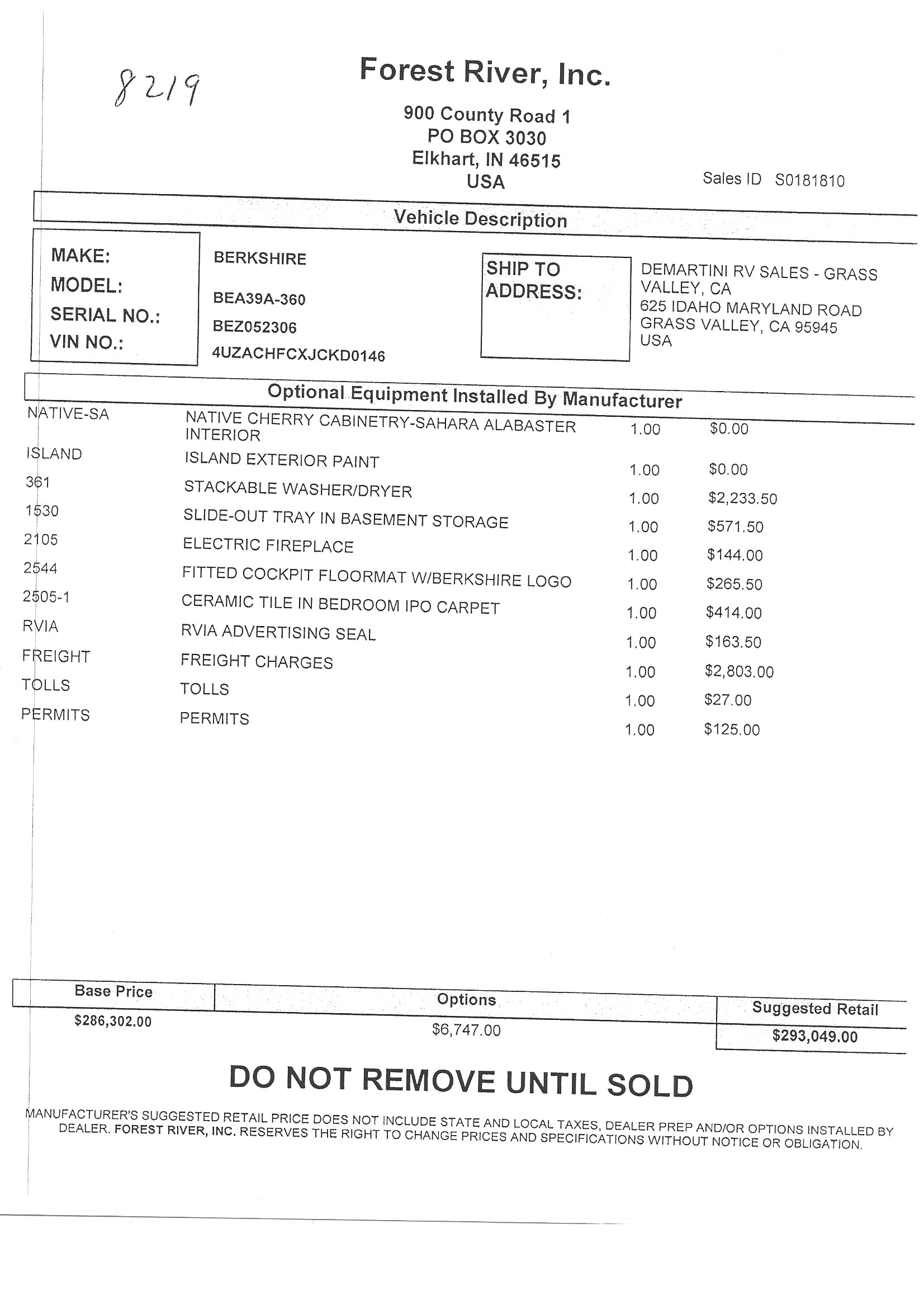 2018 Forest River Berkshire 39A MSRP Sheet