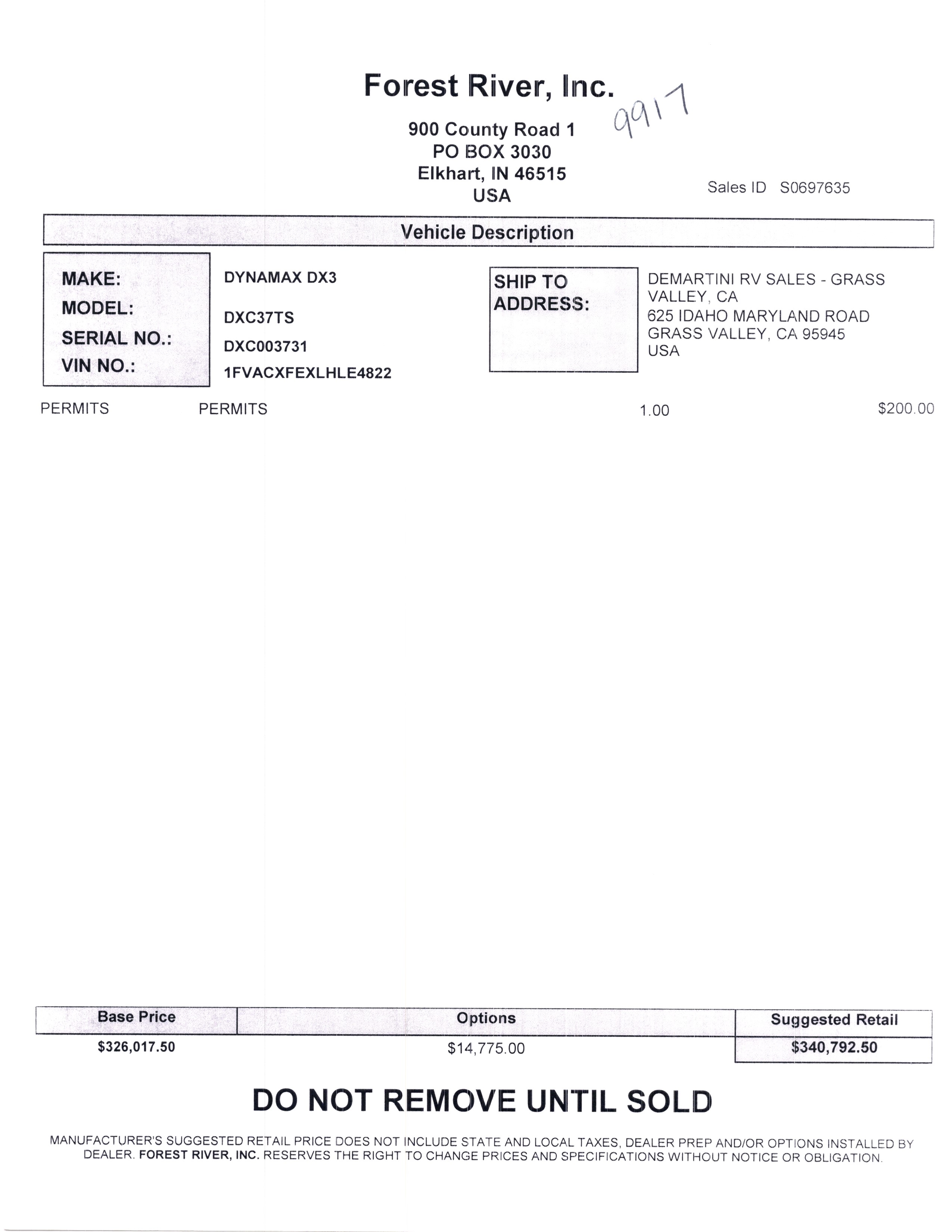 2020 Dynamax DX3 37TS MSRP Sheet