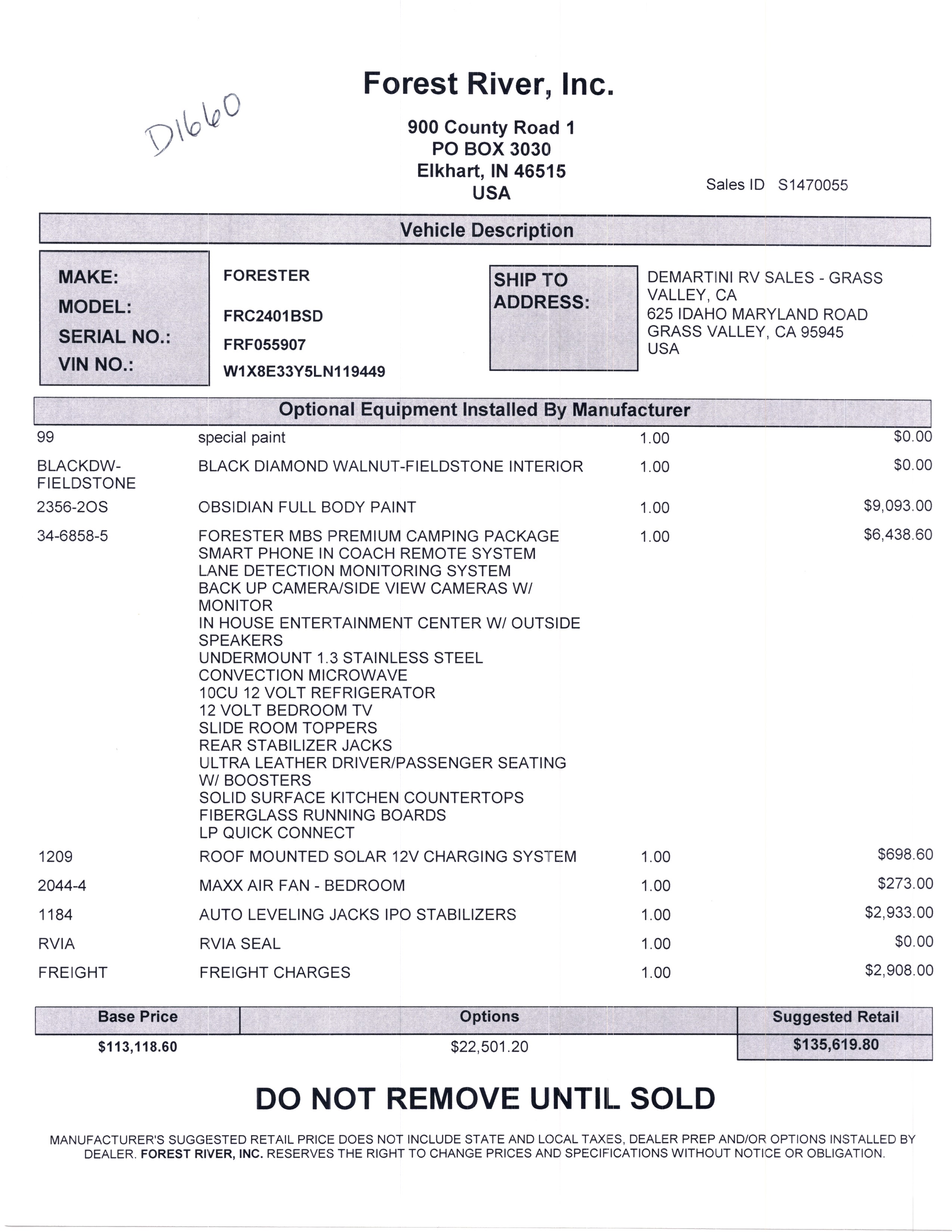 2021 Forest River Forester MBS 2401B MSRP Sheet