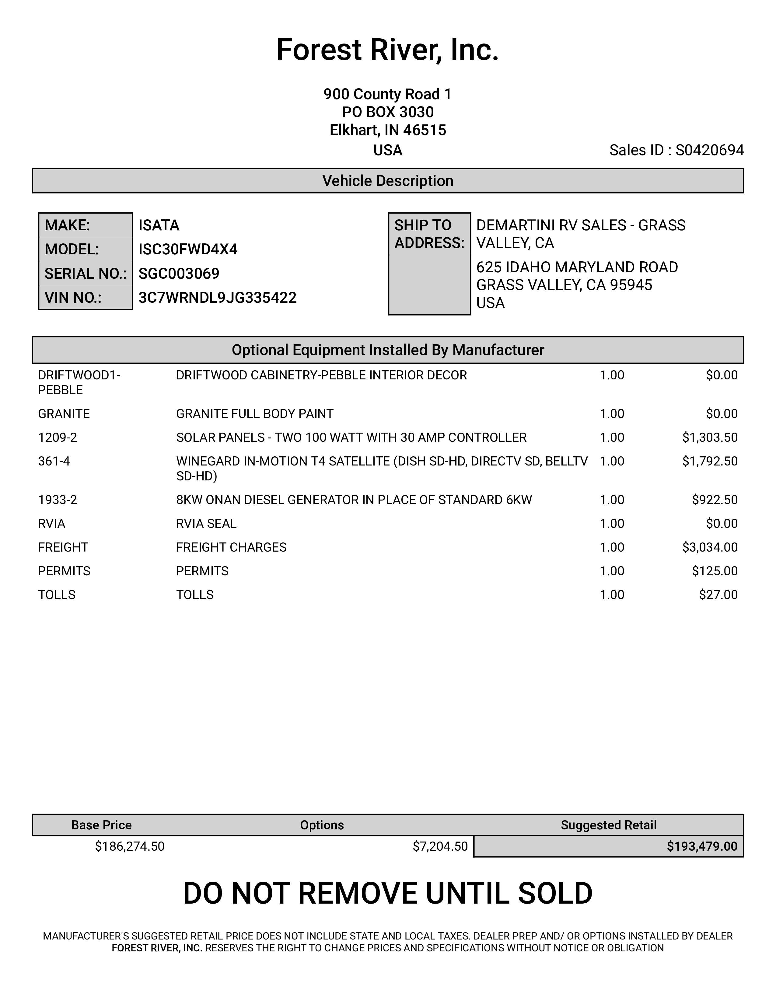 2019 Dynamax Isata 5 4x4 30FW MSRP Sheet