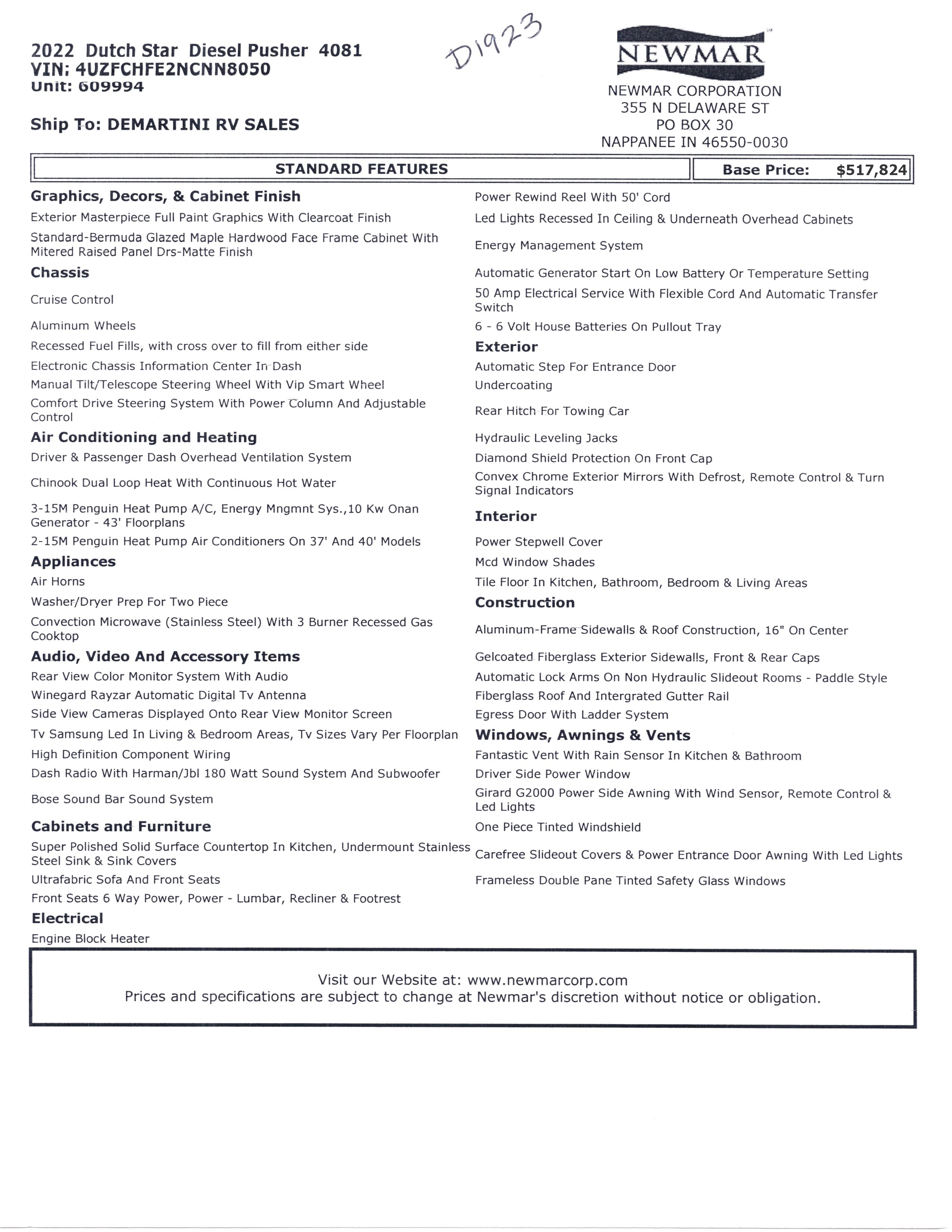 2022 Newmar Dutch Star 4081 MSRP Sheet