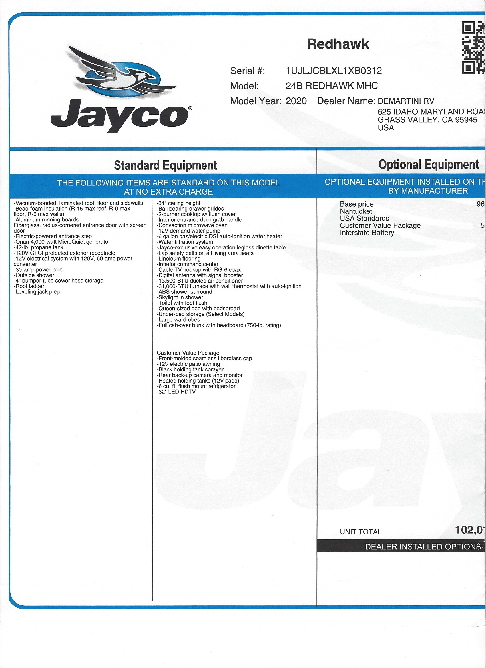 2020 Jayco Redhawk 24B MSRP Sheet