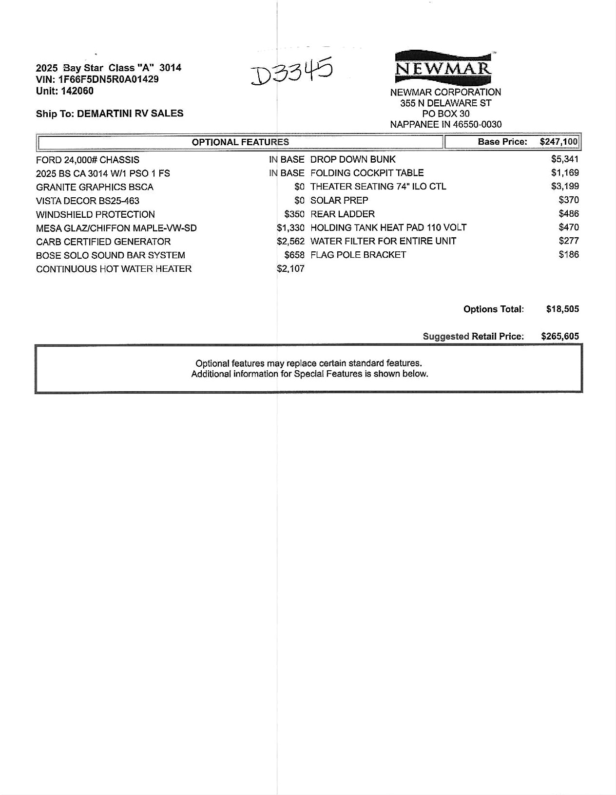 2025 Newmar Baystar 3014 MSRP Sheet