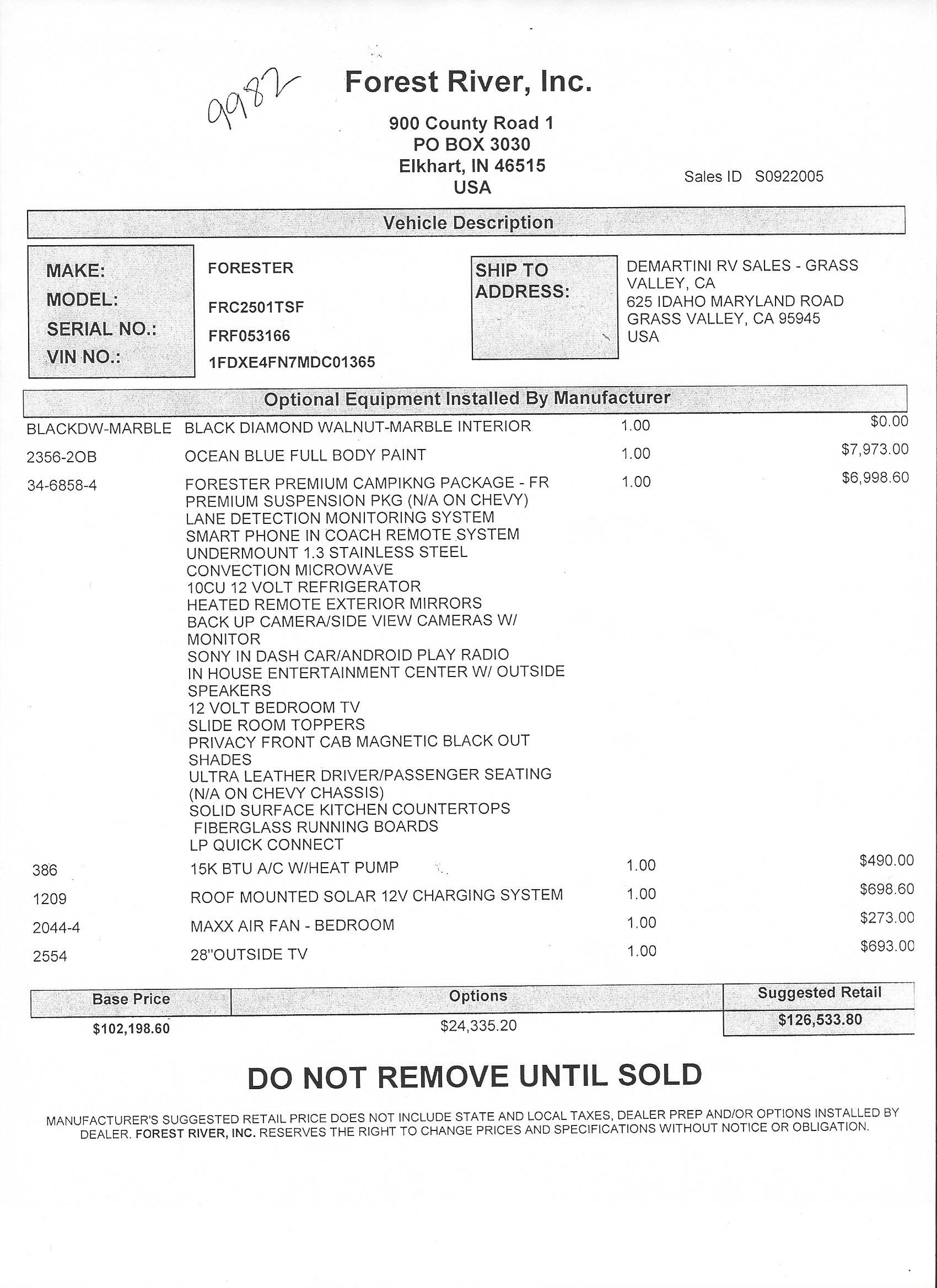 2021 Forest River Forester 2501TS MSRP Sheet