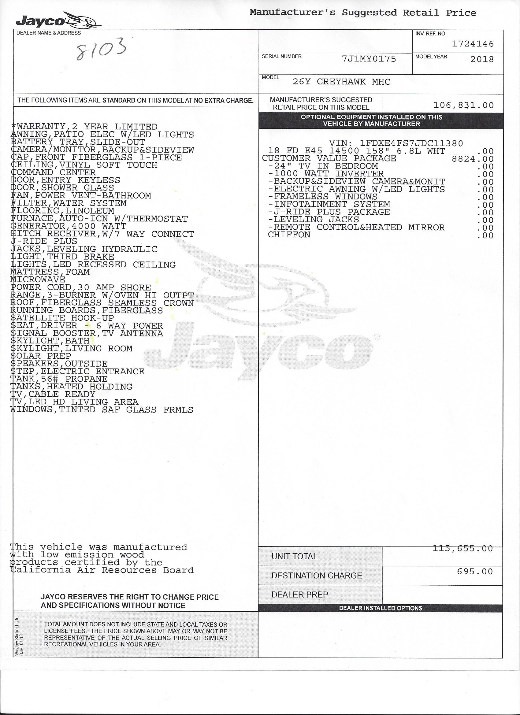 2018 Jayco Greyhawk 26Y MSRP Sheet