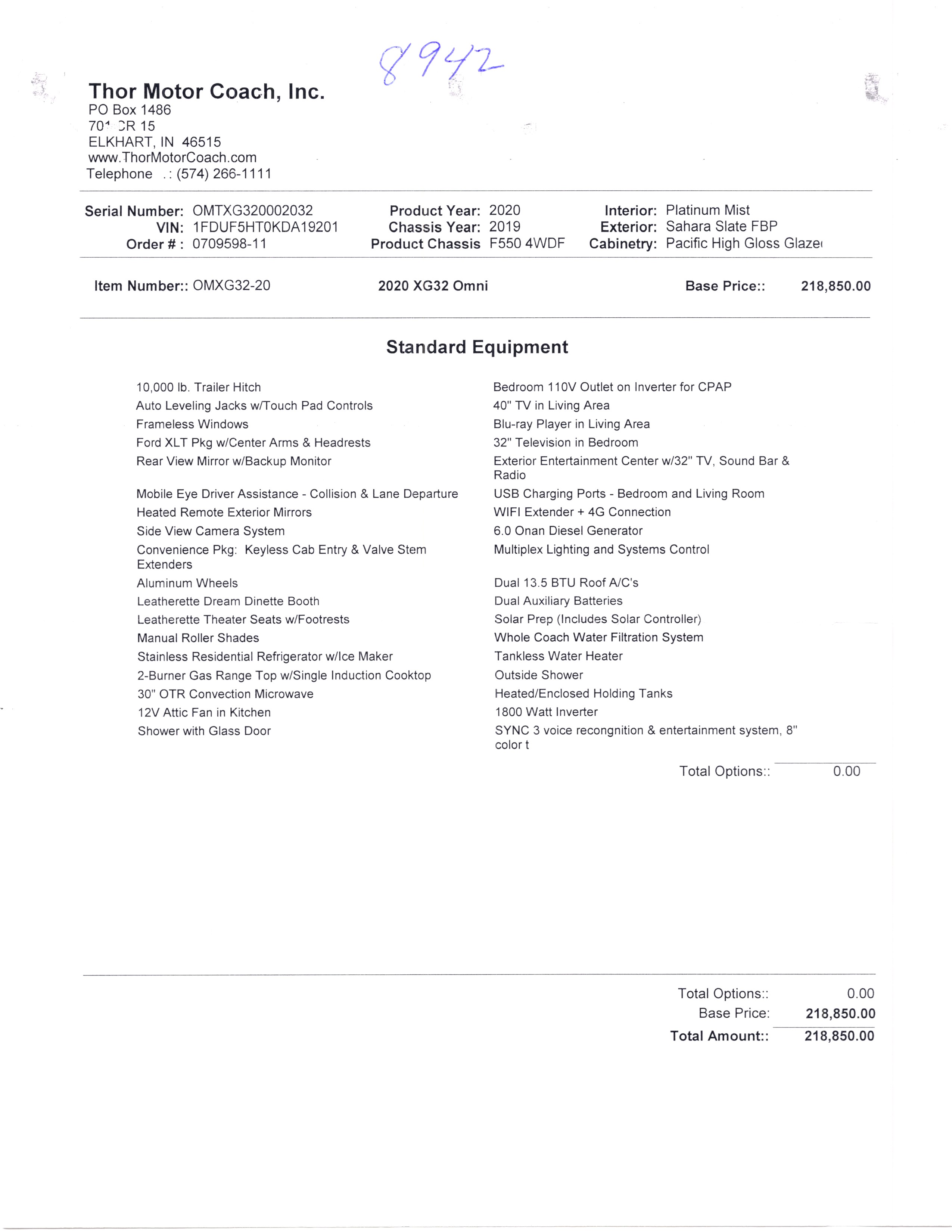 2020 Thor Omni XG32 4X4 MSRP Sheet