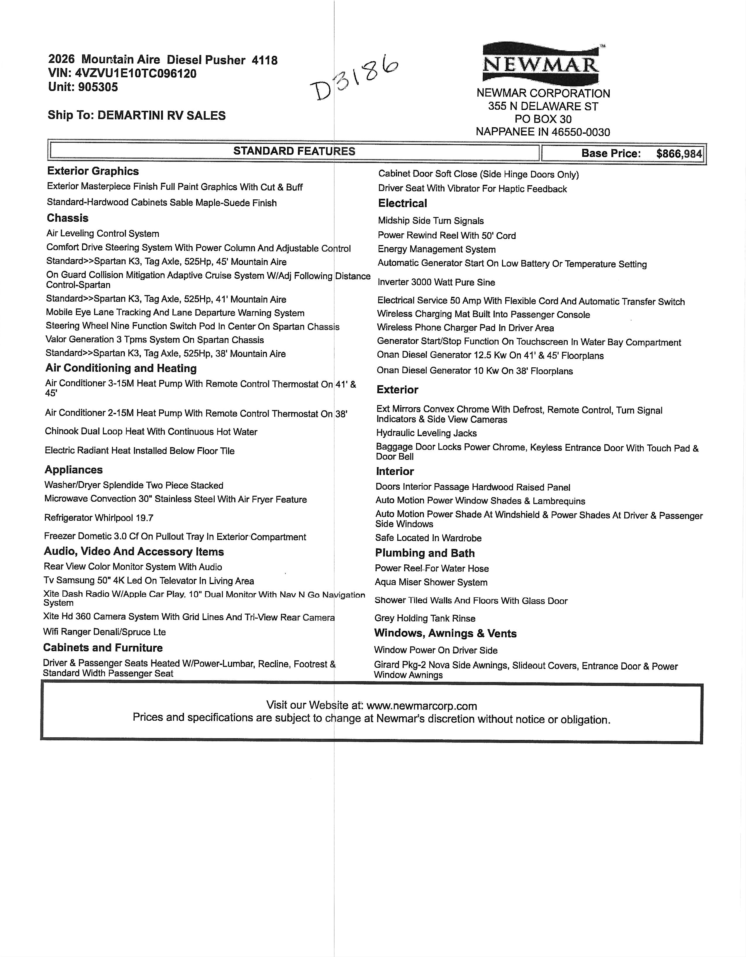 2026 Newmar Mountain Aire 4118 MSRP Sheet
