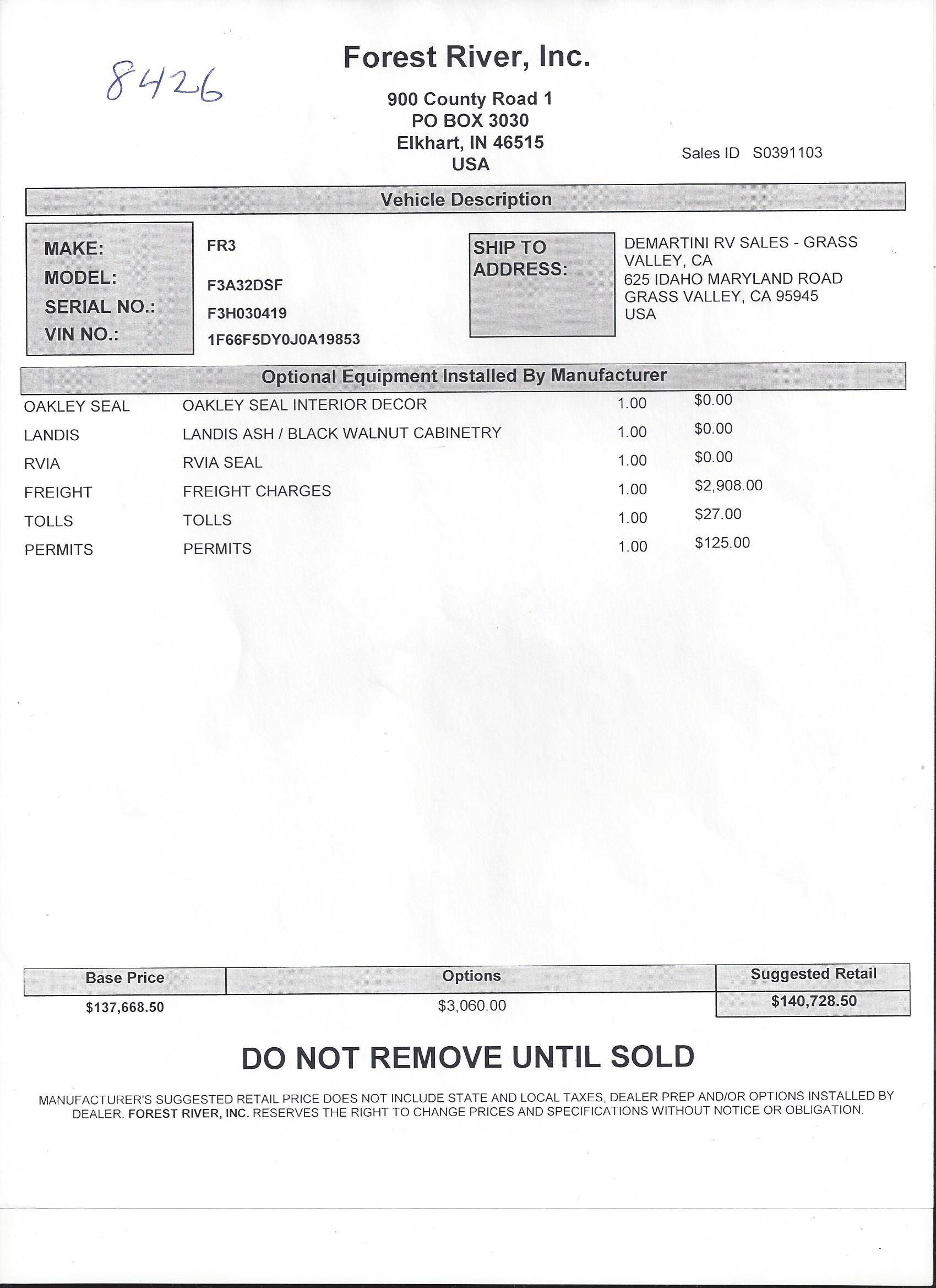 2019 Forest River FR3 32DS MSRP Sheet