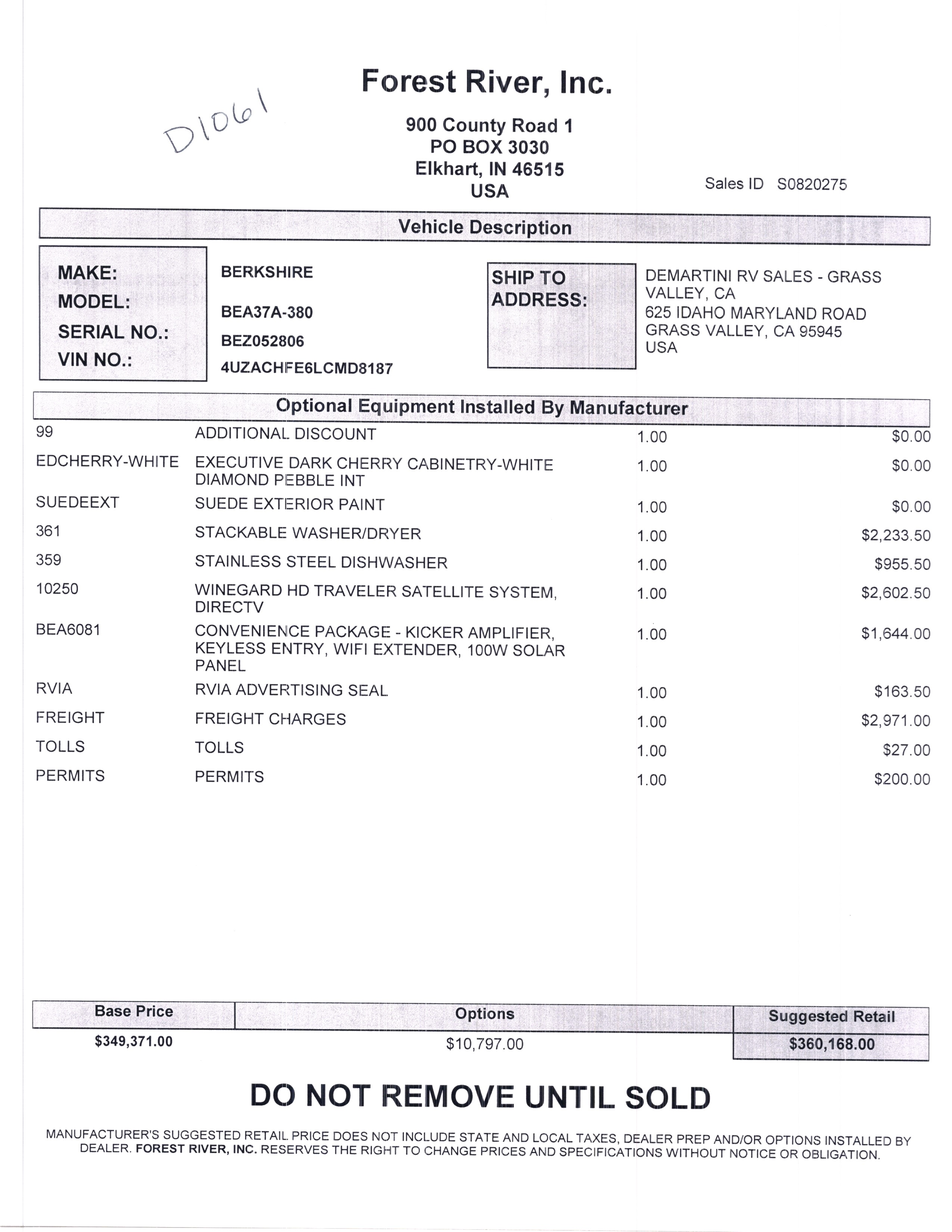 2020 Forest River Berkshire XL 37A MSRP Sheet