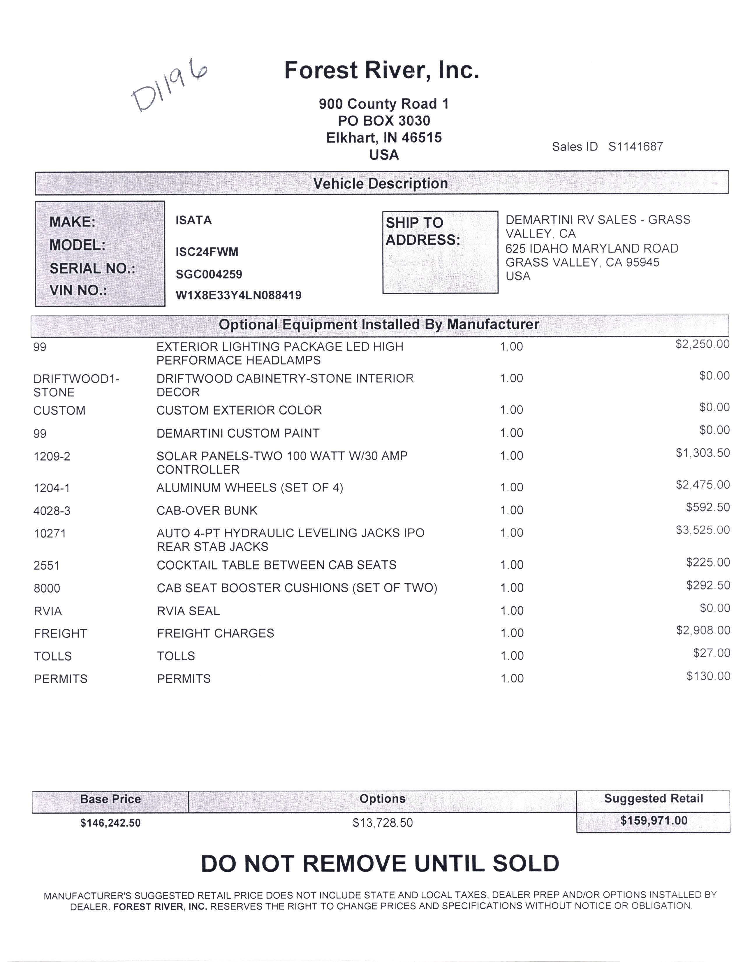 2021 Dynamax Isata 3 24FW MSRP Sheet