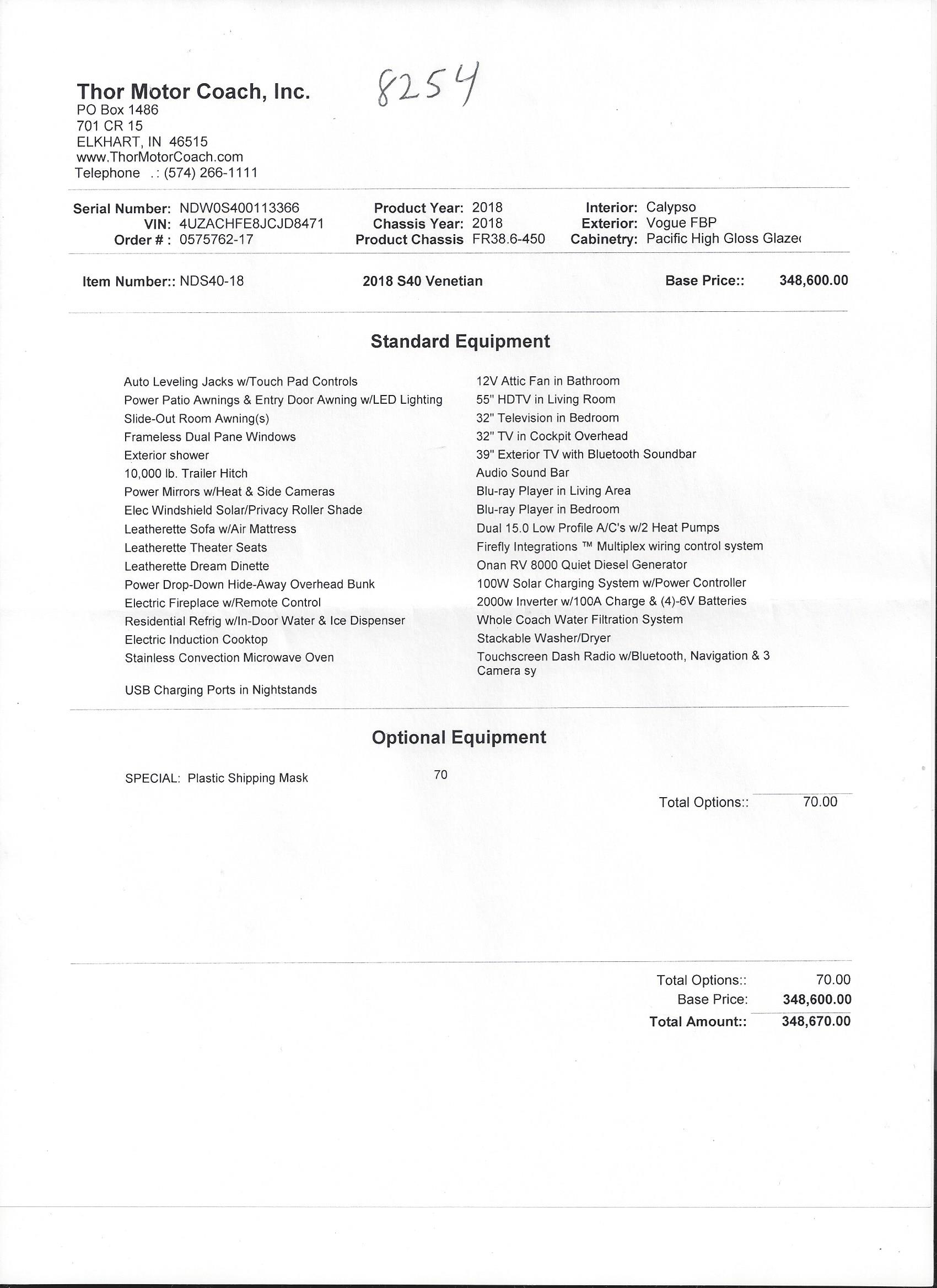 2018 Thor Venetian S40 MSRP Sheet