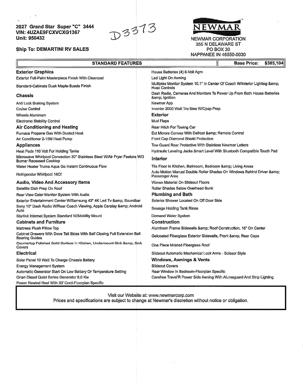2027 Newmar Grand Star 3444 MSRP Sheet