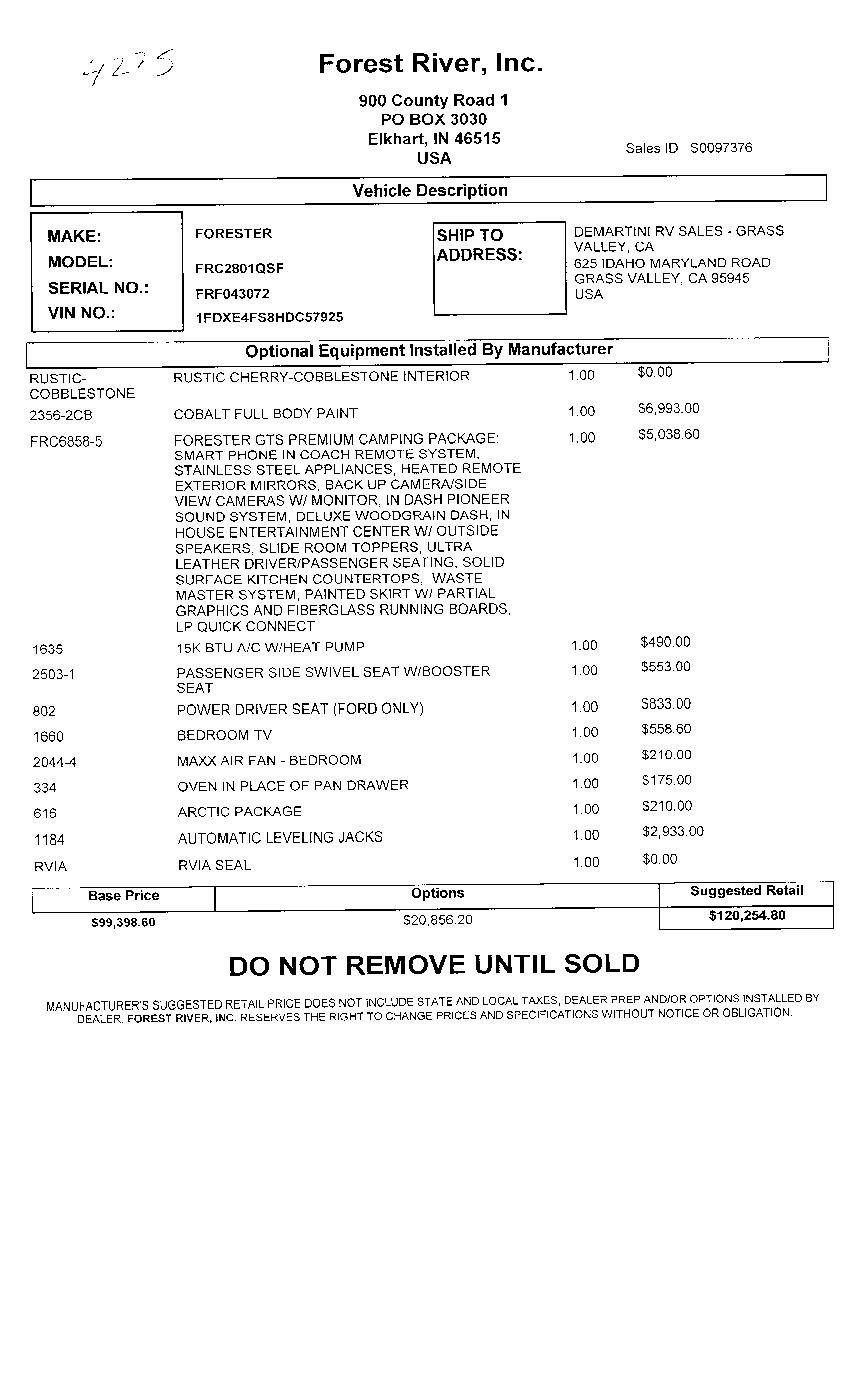 2018 Forest River Forester GTS 2801QS MSRP Sheet