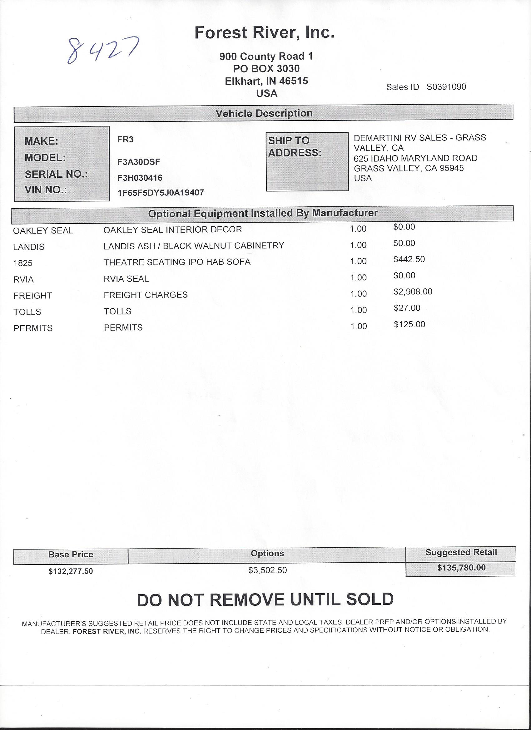 2019 Forest River FR3 30DS MSRP Sheet