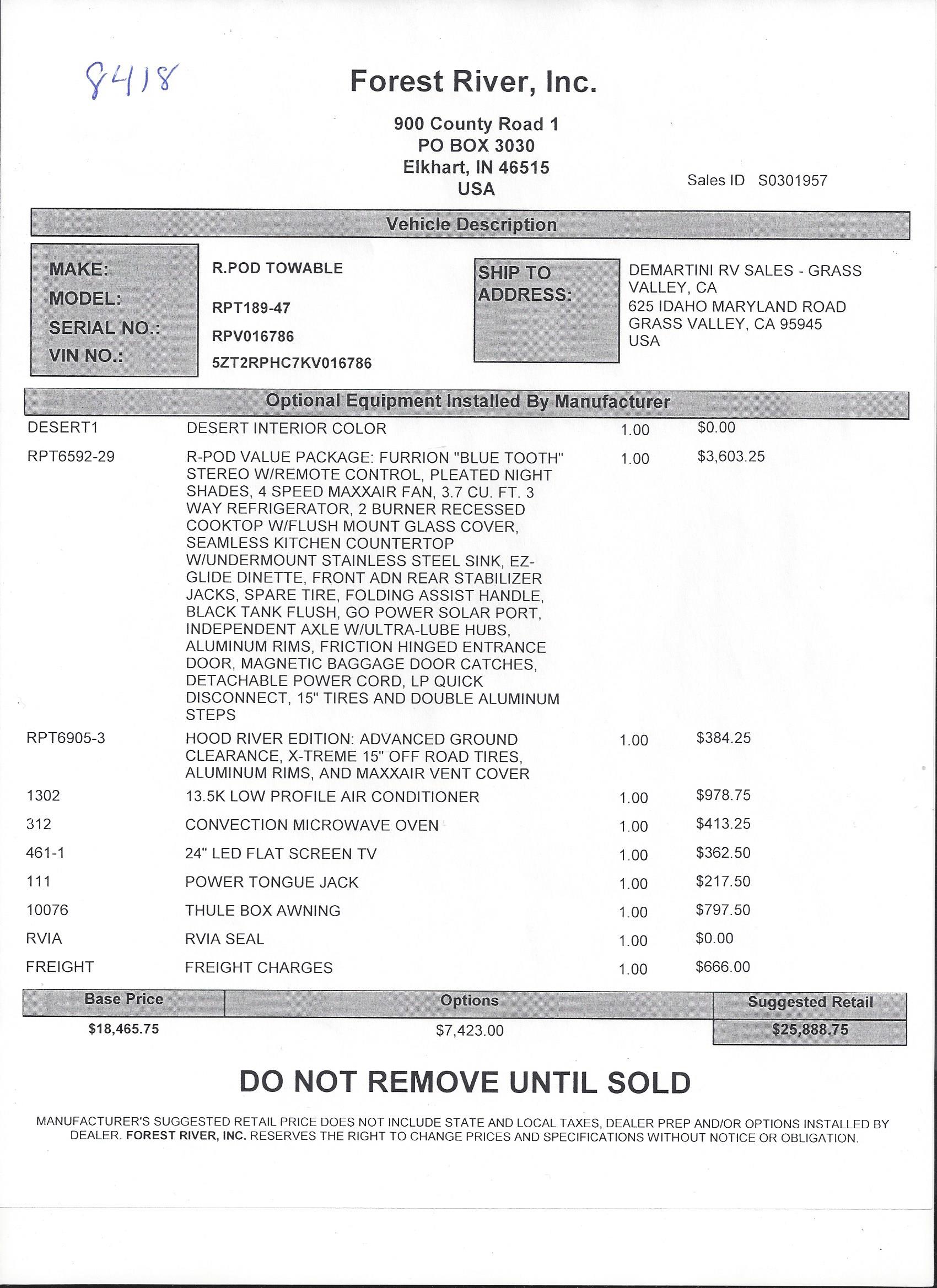 2019 Forest River R-Pod 189 MSRP Sheet