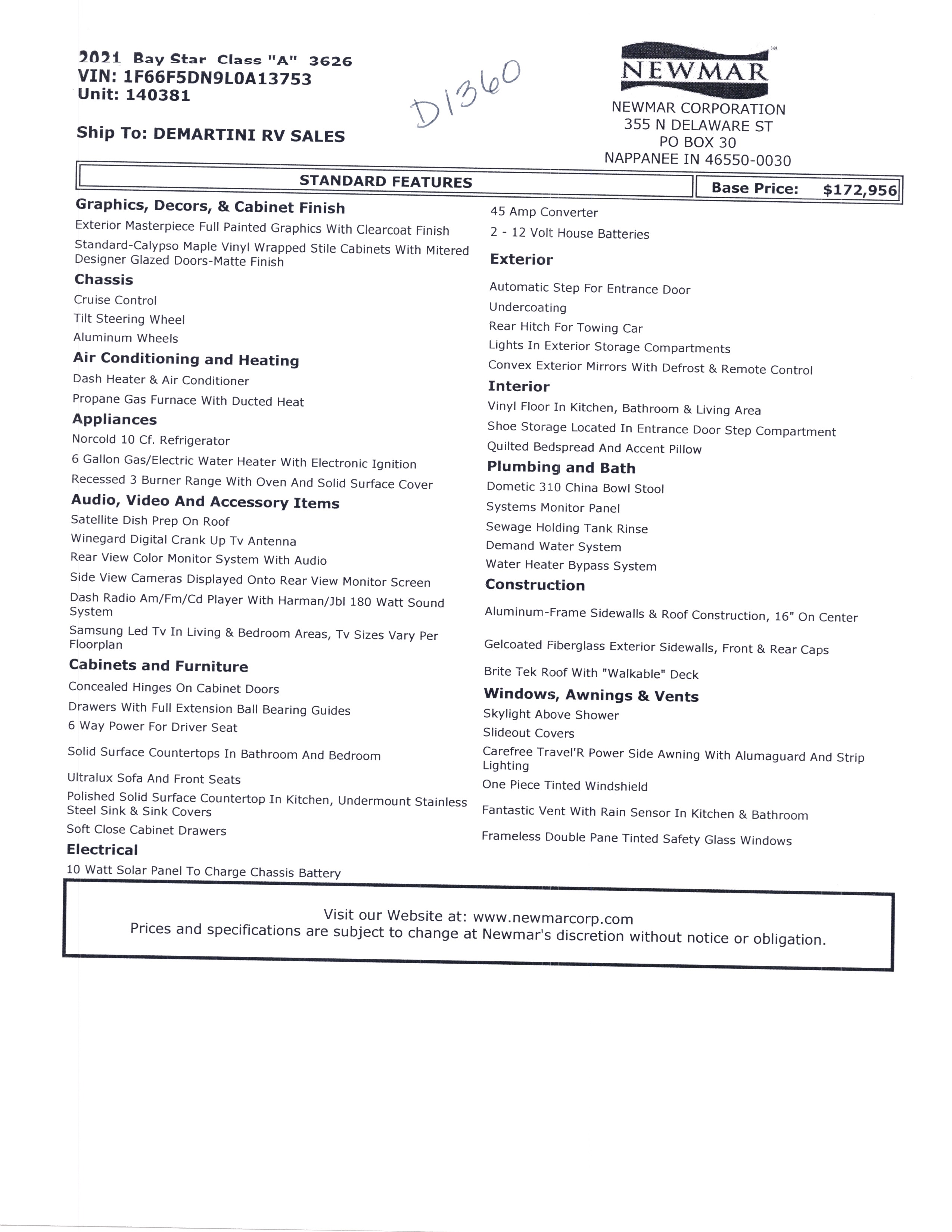 2021 Newmar Bay Star 3626 MSRP Sheet